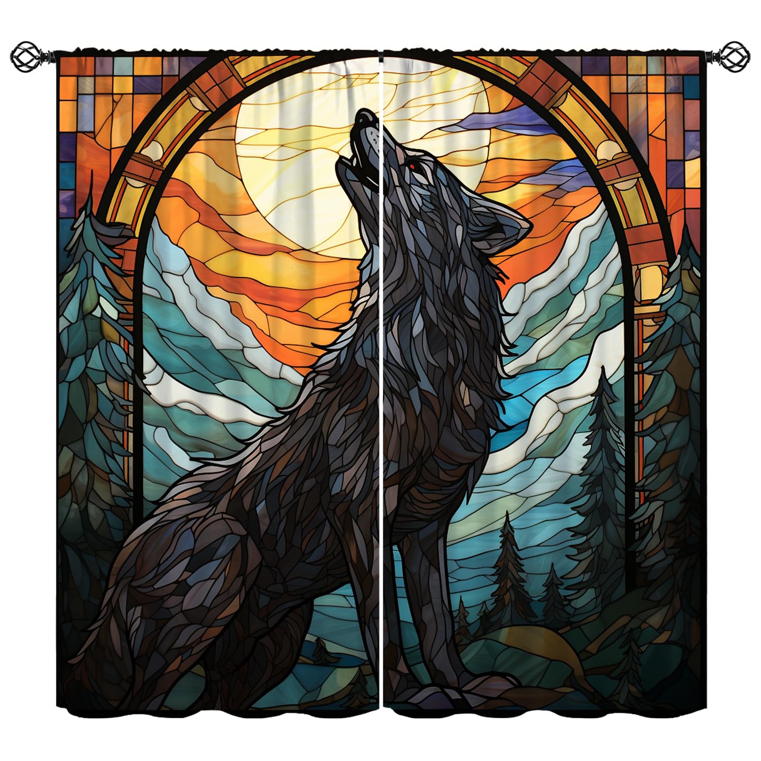 KANEPE Stained Glass Curtains, Wildlife Wolf Forest Scene Sunset Background Window Treatments, Rod Pocket Thermal Insulated Drapes for Bedroom Living