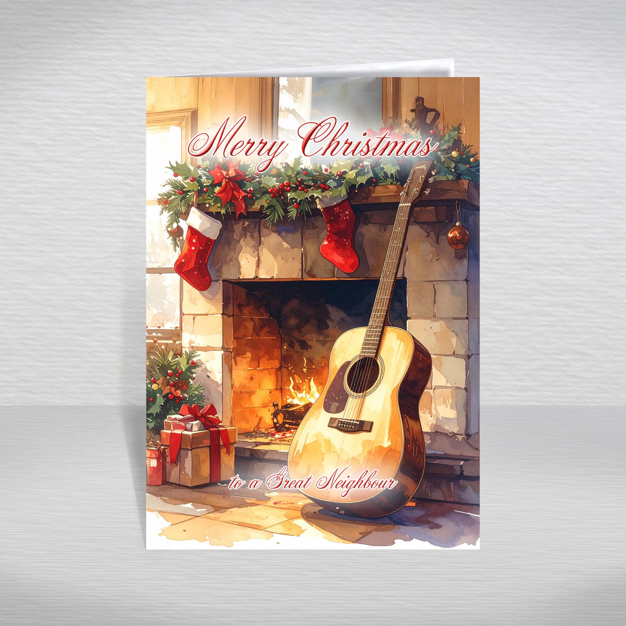 Christmas Card for Great Neighbour, Next Door – Acoustic Guitar by Fireplace Cosy Winter Scene for Musicians, A5 Deluxe Greeting Card with a Special Verse Inside: Great Neighbour Christmas Card — image 1