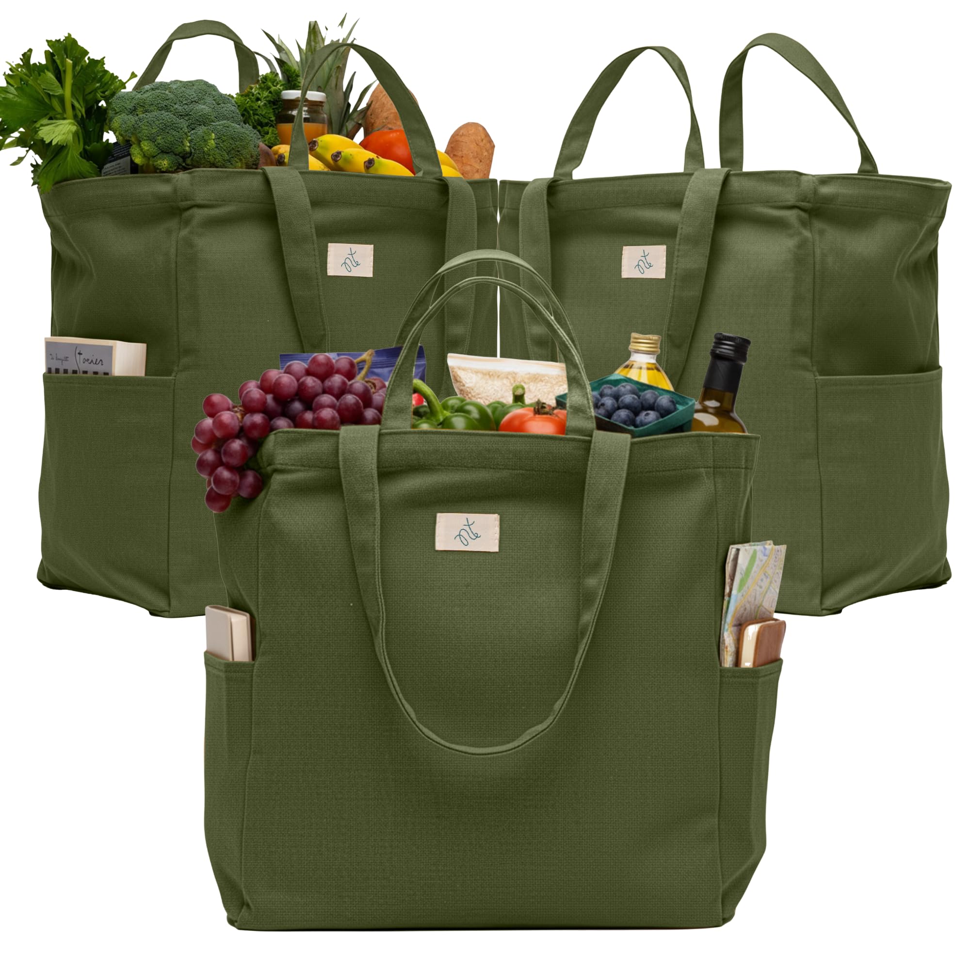 Nook Theory 3-Pack Reusable Grocery Bags - Heavy Duty, Large 12 Oz Cotton Canvas Reusable Shopping Bags With Pockets, 100% Cotton Cloth Grocery Totes, Foldable Multi Compartment (Army Green)