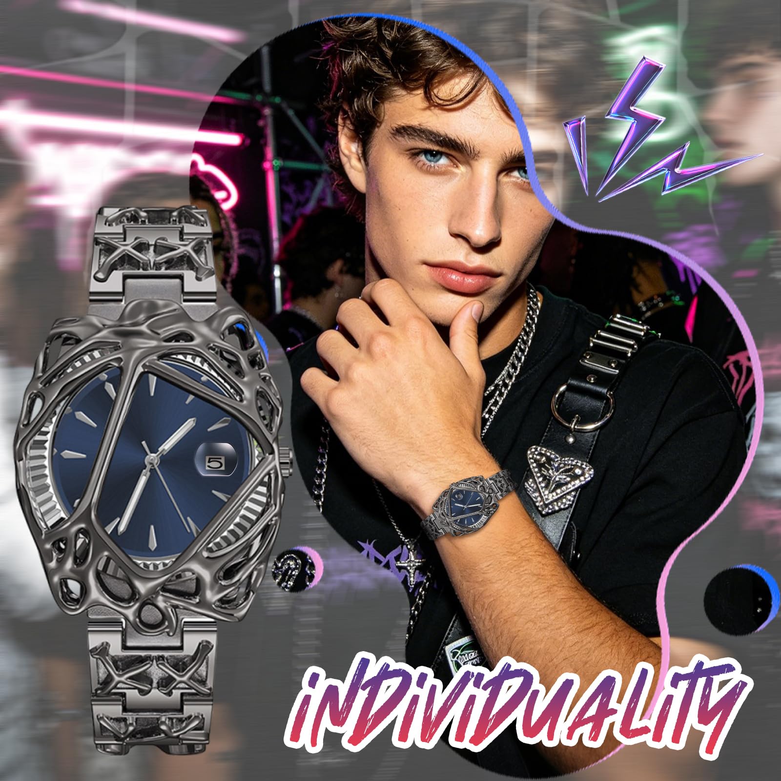 OIDEA Orologio punk da uomo: stile steampunk, hip hop, analogico, al quarzo, lancette luminose, orologio da polso per tutti i giorni e feste all'aperto