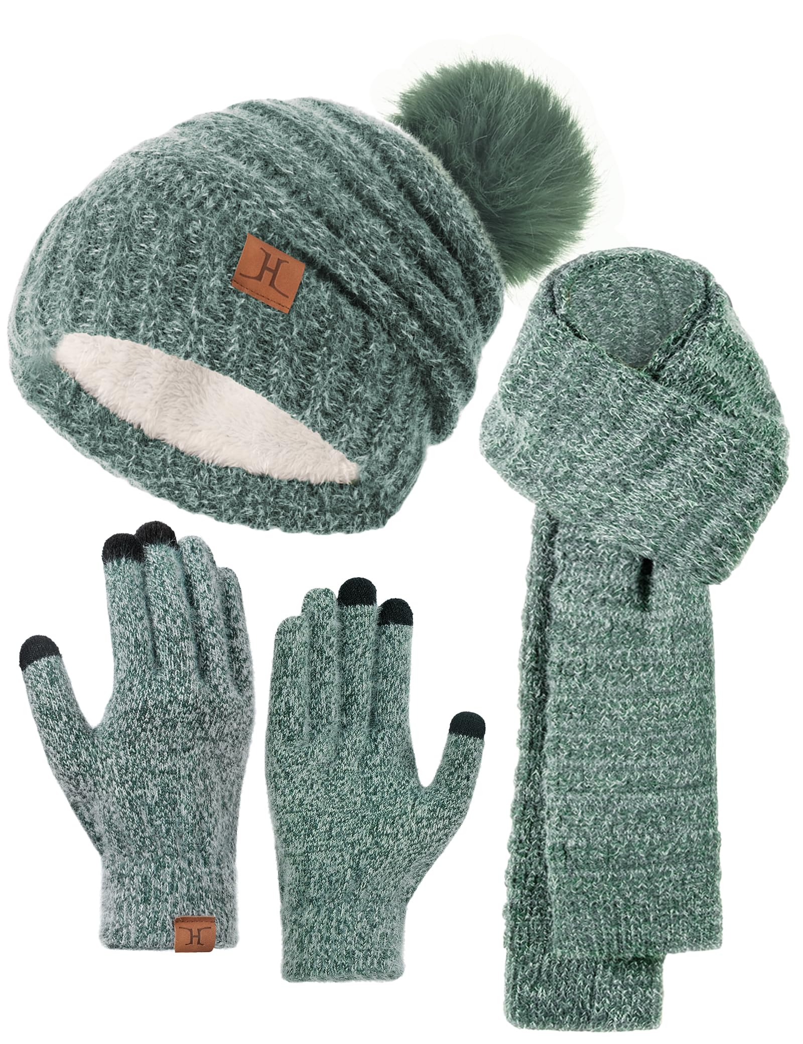 Juego de gorro, guantes y bufanda para mujer, sombreros de invierno con forro polar holgado con bufanda con pompón, guantes térmicos para pantalla táctil