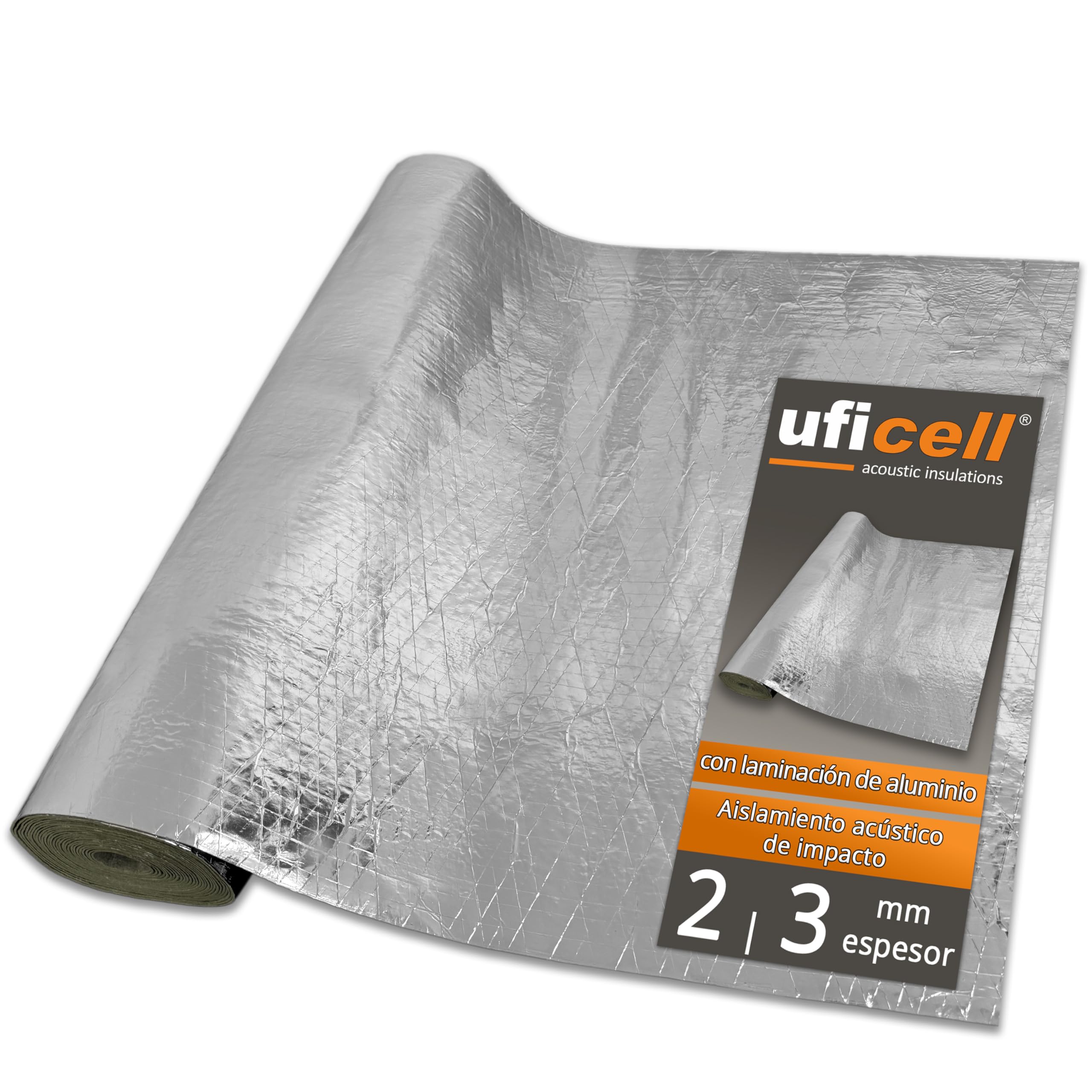 50 m² | Aislamiento acústico de impacto uficell® TOPSONIC AKUSTIC ALU - 3 mm de espesor - ideal para calefacción por suelo radiante (3 mm de espesor, 50 m² / 5 rollos de 10 m)