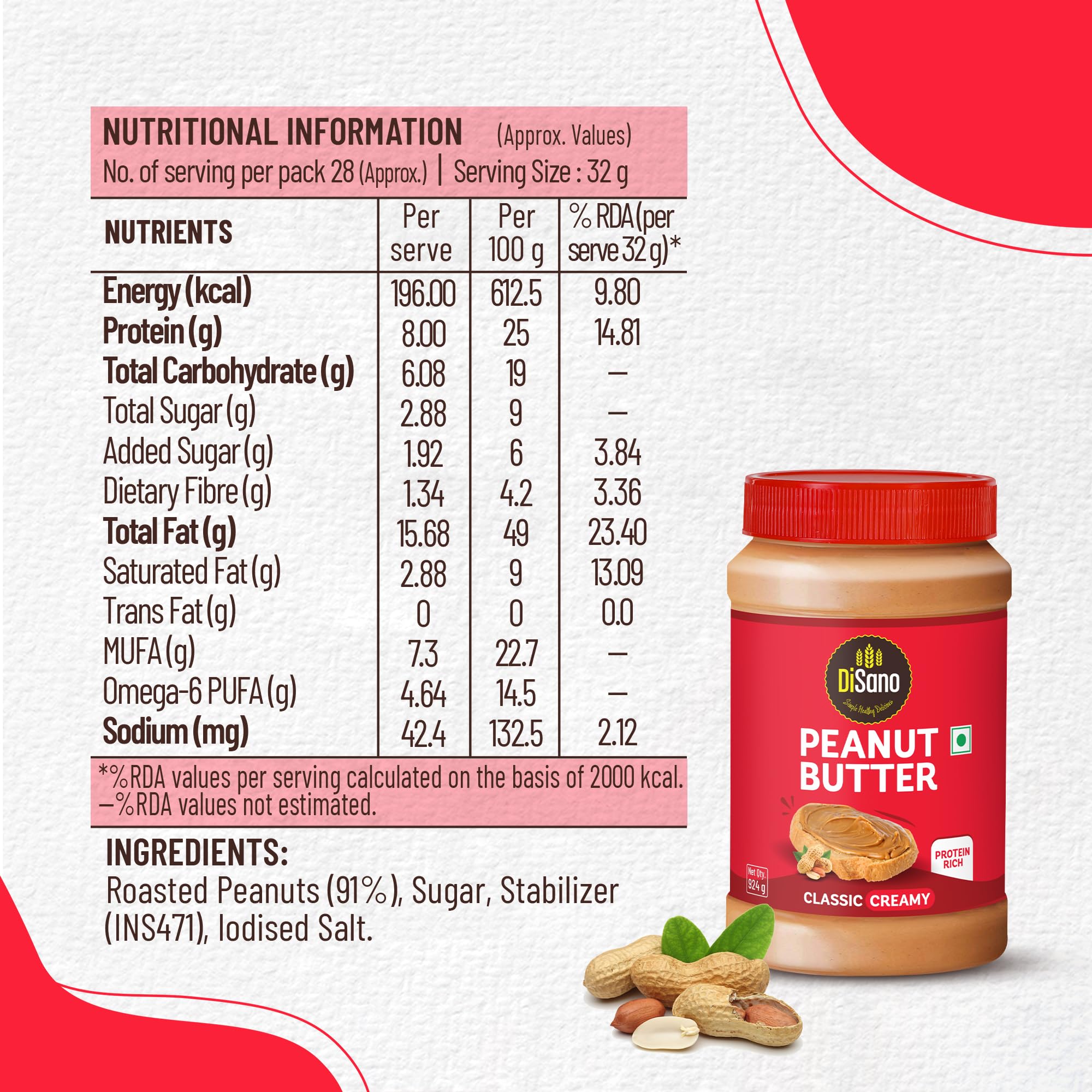 DiSano Classic Peanut Butter Creamy, 924g, 25g Protein, Roasted Peanuts, Ideal for Pre & Post-Workout, Healthy Spread for Breakfast & Snacking 3