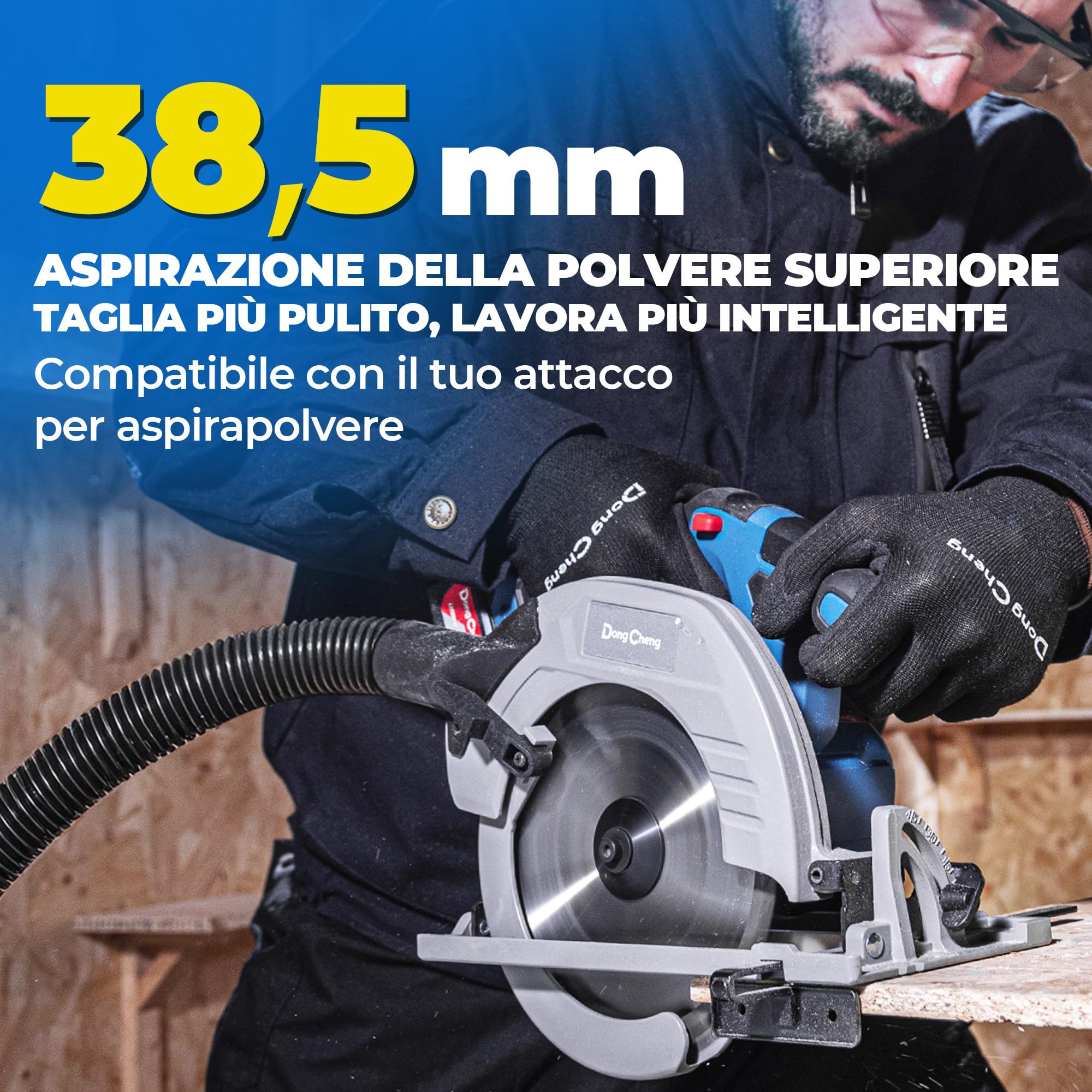 Dong Cheng Sega Circolare a Batteria da 18V, Diametro 185 mm, 5000 giri/min, Profondità di Taglio 65mm (90°)/45mm (45°) Con 4.0Ah Batteria, BOXX, Per Legno, Plastica, PVC