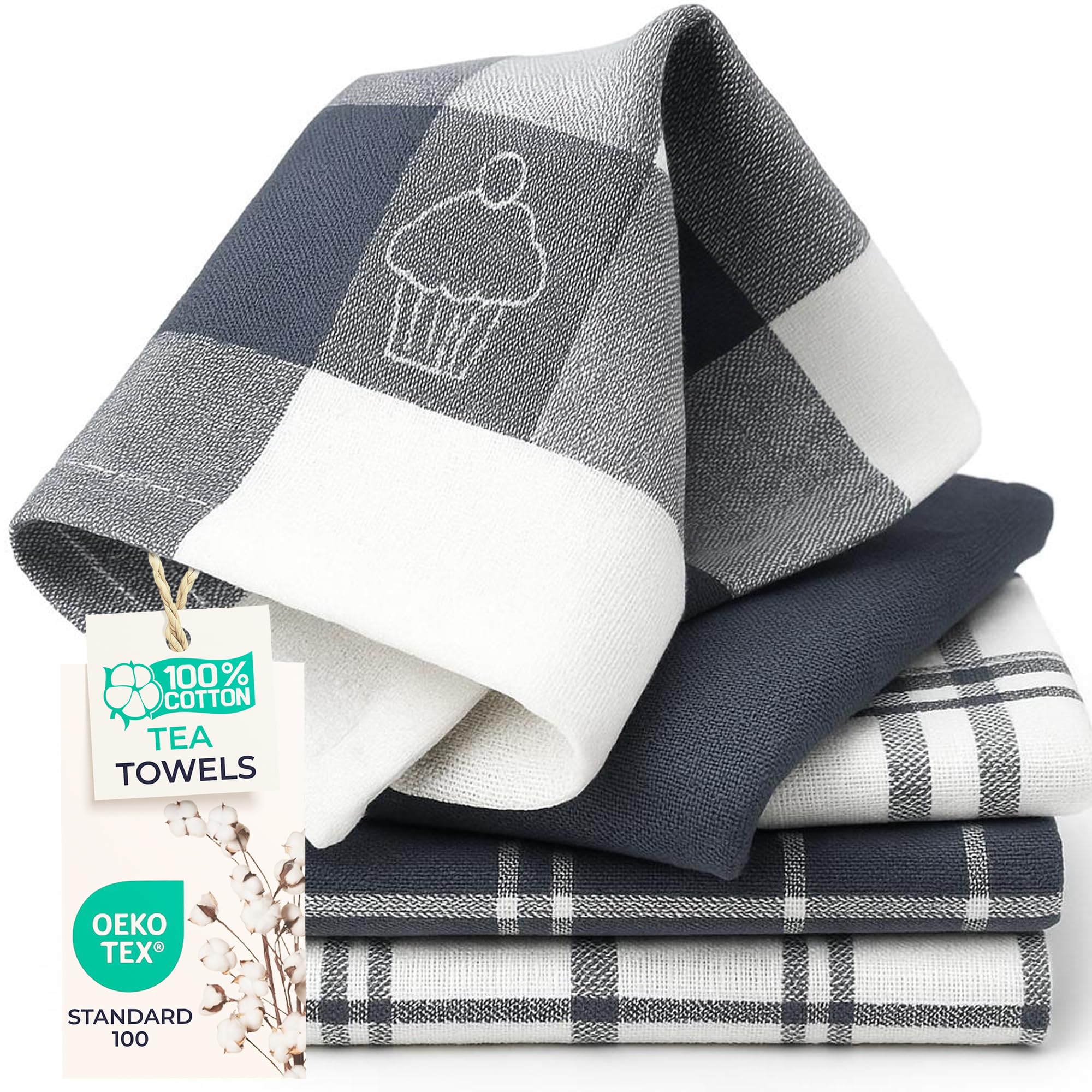 LivinEase 100% Cotton Tea Towels for Kitchen - Pack of 5 Extra Large T Towels - Super Absorbent Dish Cloths for Drying - Decorative Grey Teatowels 70 x 50cm Set
