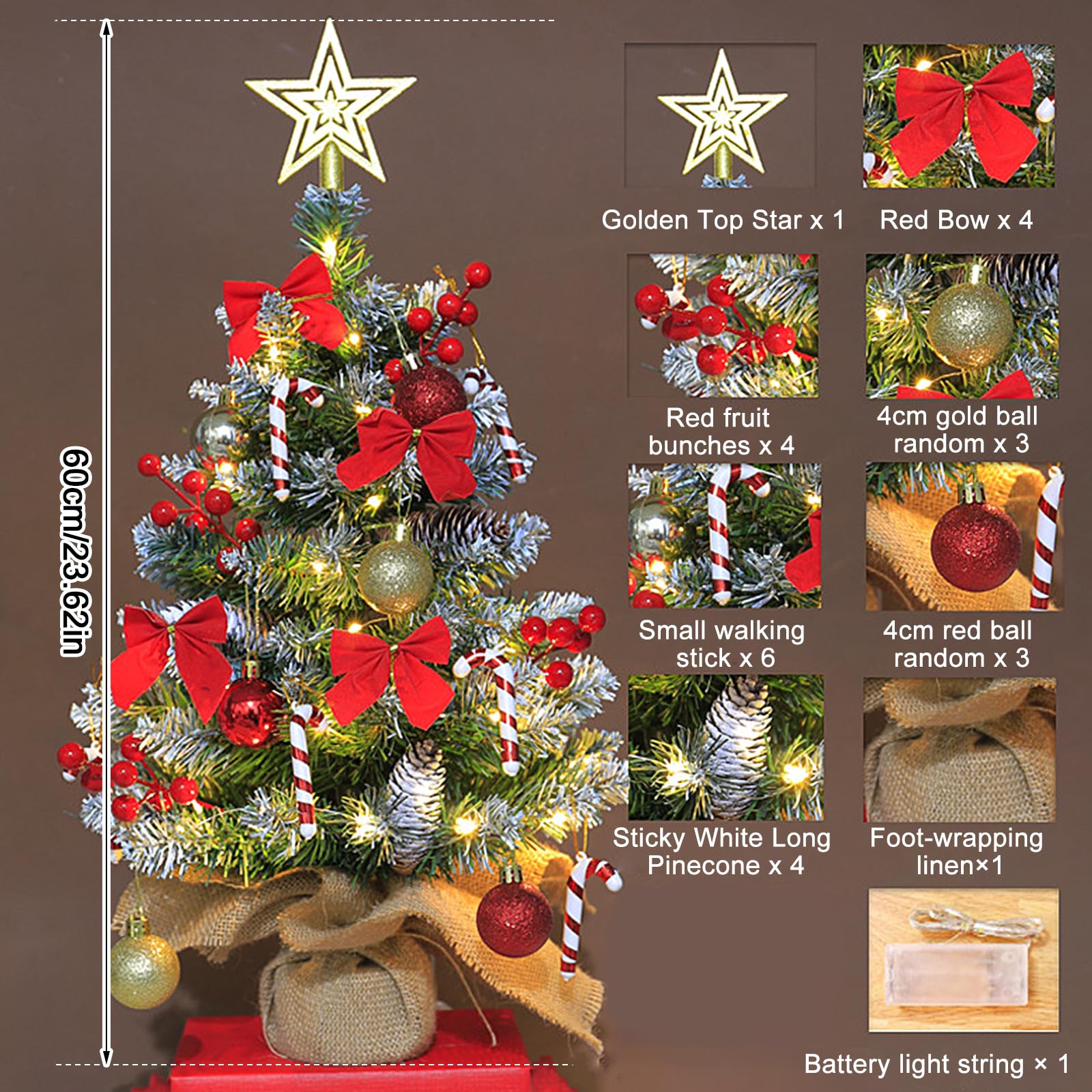 Mini Albero di Natale Artificiale,60cm Albero di Natale Decorato Artificialmente con illuminazione a LED,Fogliame Folto e Realistico In PVC,Base In Juta,per Feste,Festival,Tavoli da Pranzo