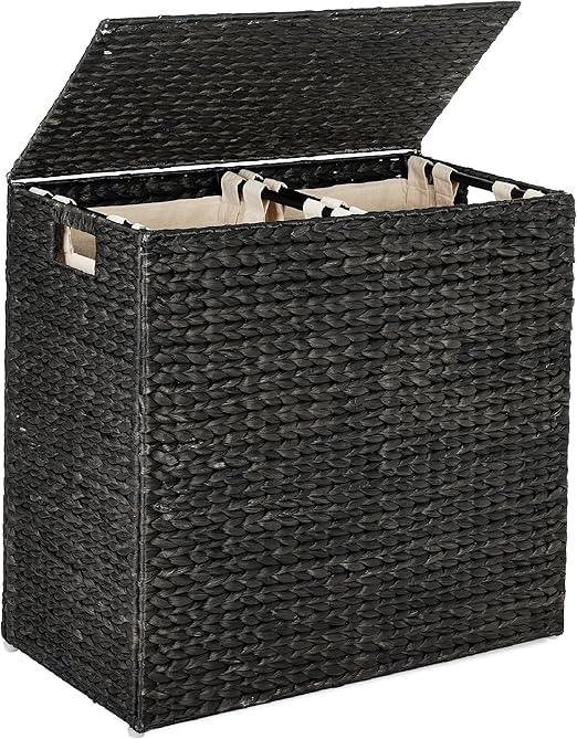 Best Choice Products Large Double Laundry Hamper with Lid, Natural Handwoven Water Hyacinth, 2 Sections w/ 2 Machine Washable Linen Liner Bags, Portable, Handles - Black