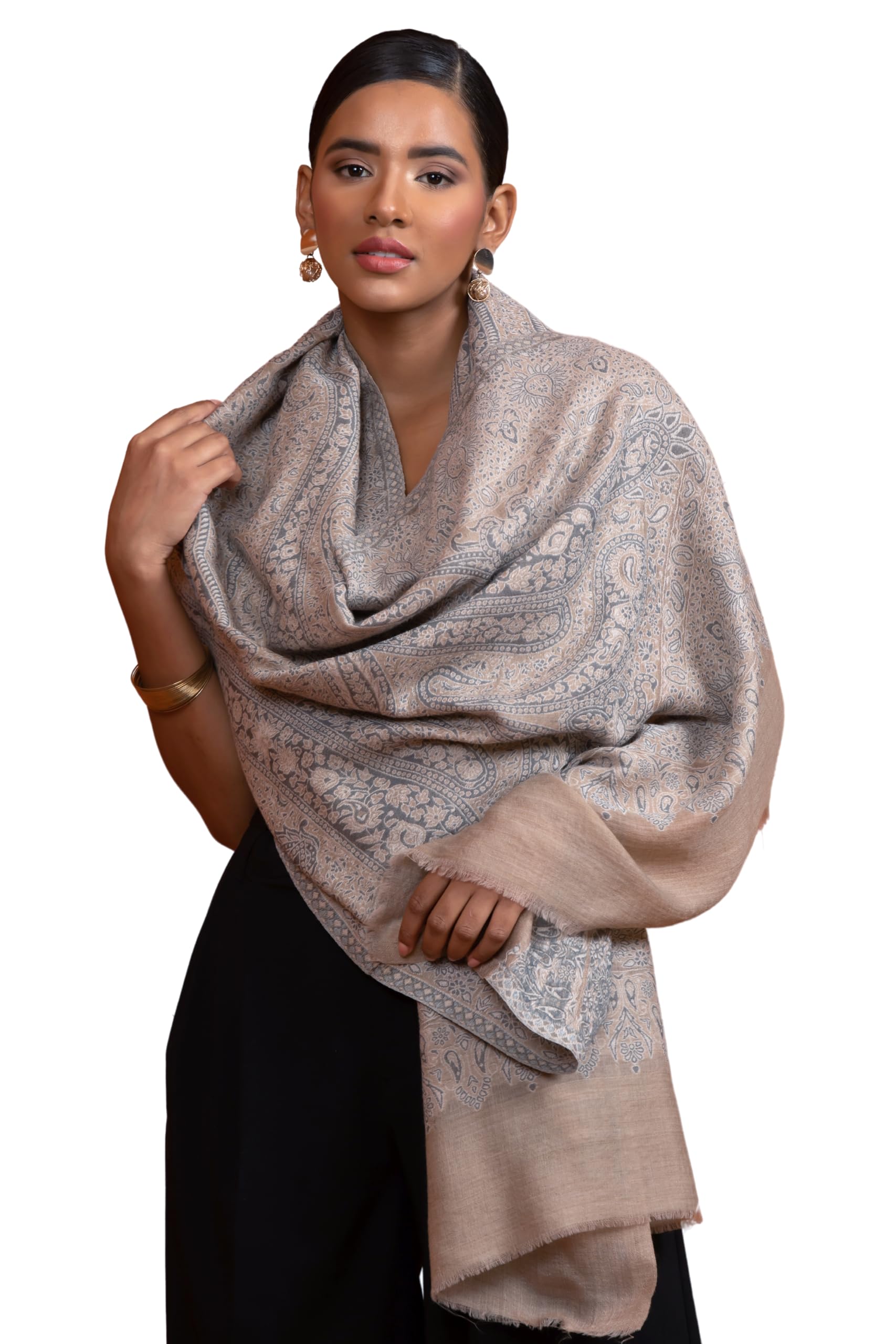 Womens Extra Fine Wool Stole, Paisley Jama Design, Taupe-image-10