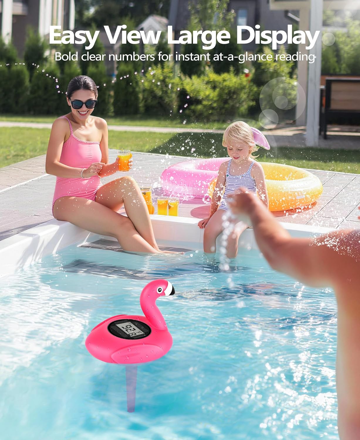 Flamingo Pool Thermometer Solar-Powered | Auto Backlight for Easy Night Read | Pool Temperature Thermometer with Rope | Floating Pools Temperature Gauge for Hot tub, Rose Red
