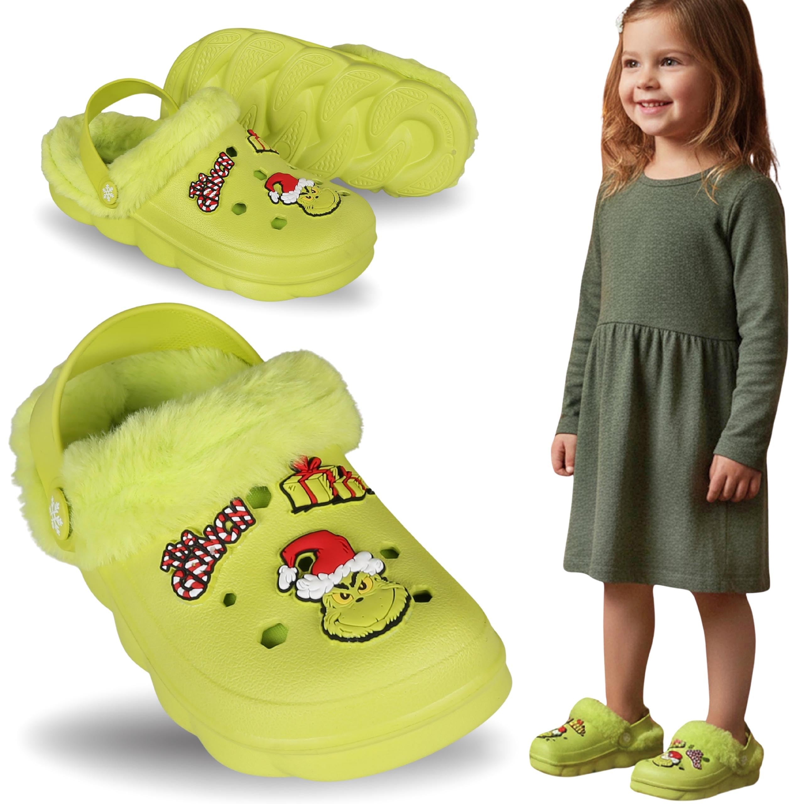 sarcia.eu Grinch Zapatillas verdes, aislantes, navidad, zuecos de jardín con piel para niños