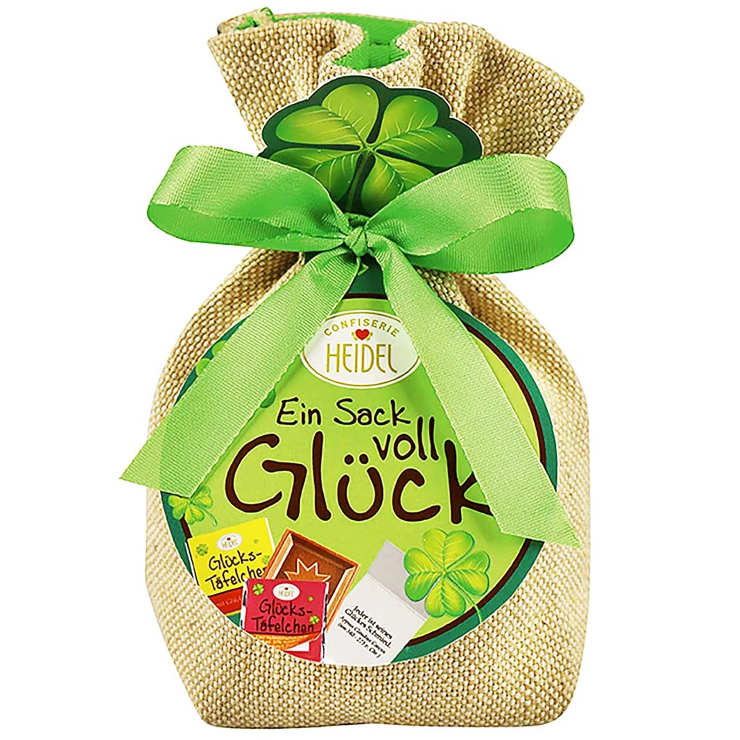Heidel Ein Sack voll Glück (75g) - Jute-Säckchen mit 13 Minischokoladen & 8 Schokopralinen – Liebevoll verpackt – Süßes Mitbringsel als dankeschön – Mit Glücksbotschaften & Edel-vollmilchschokolade