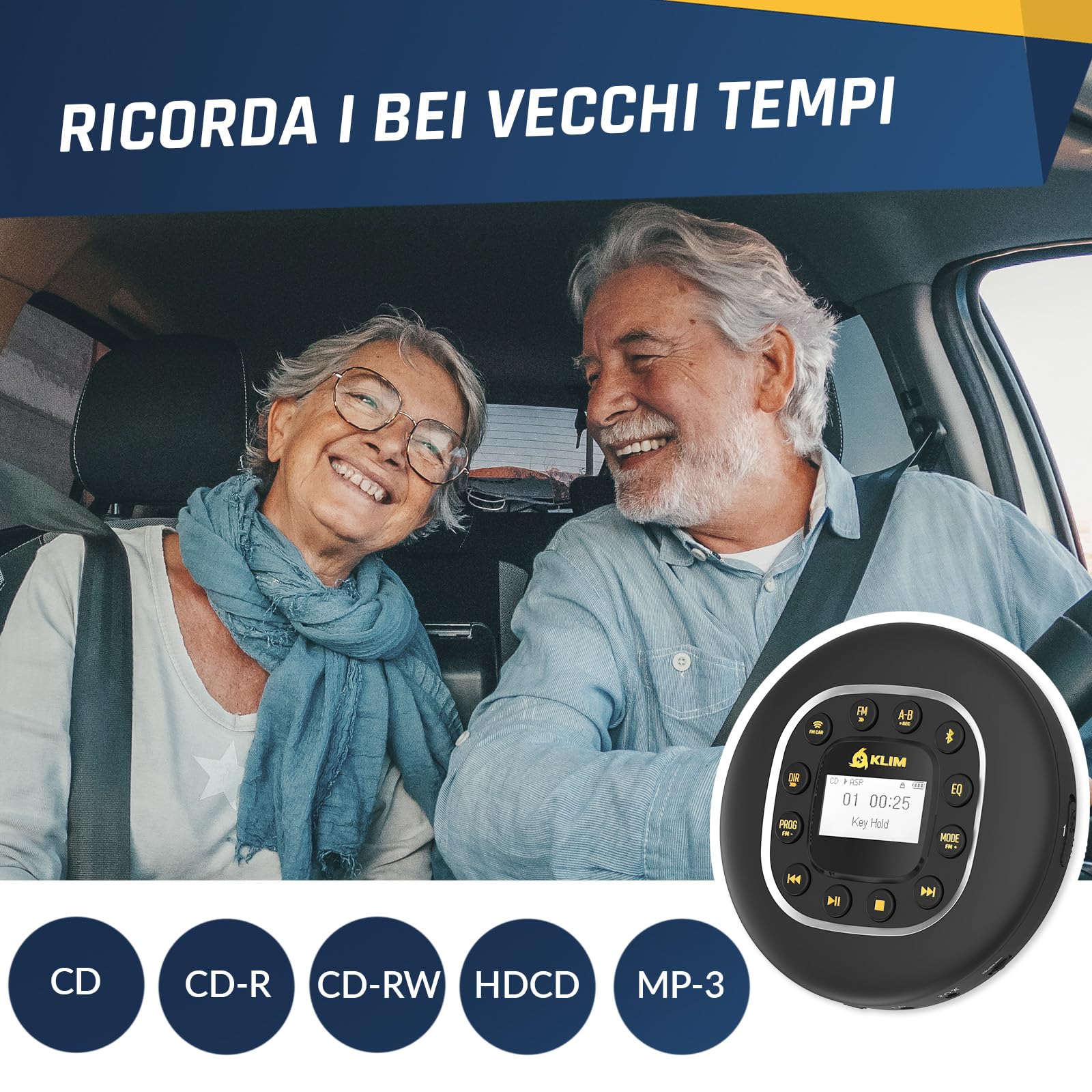 KLIM Journey - Lettore CD HiFi portatile - Cuffie incluse - Radio FM - Compatibile con MP3 CD Audiolibri - Lettore CD per auto - Supporta Bluetooth per Auto, scheda SD, Trasmettitore FM