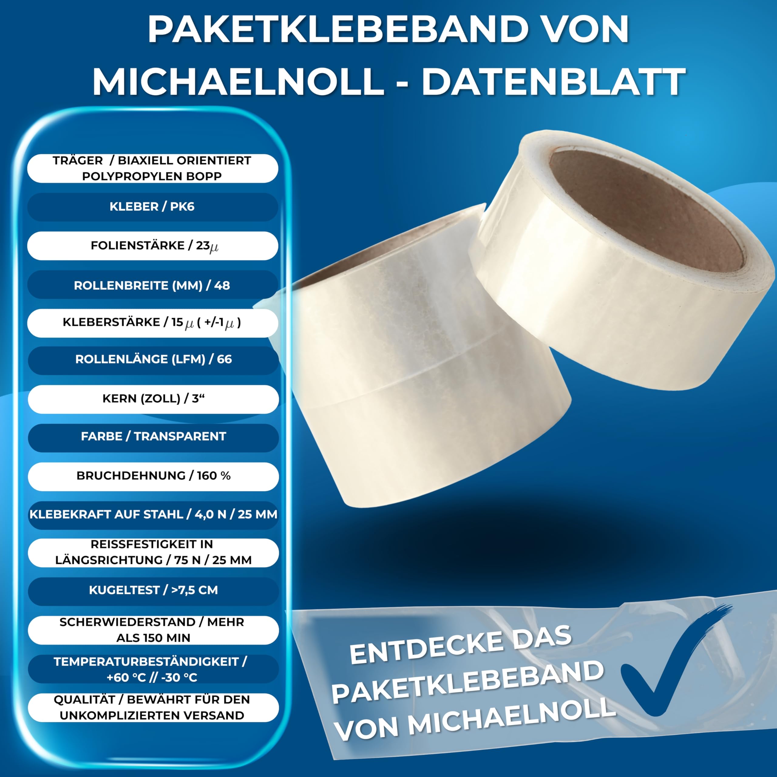MichaelNoll Paketklebeband, Klebeband, Paketband, Packband für Lager, Versand, Transport und Verpacken von Paketen, transparent, durchsichtig, klar, farblos, 66 m x 48 mm (144, Transparent)