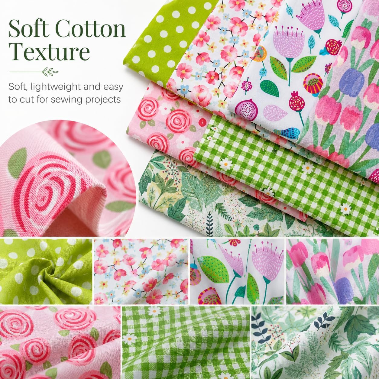DMFR Spring Floral Fabric Squares 10x10, 42Pcs 100% Cotton Layer Cake Fabric for Quilting, 10 Inch Precut Quilt Squares, Pink Green Floral Fabric Bundles for Sewing DIY Patchwork Crafts