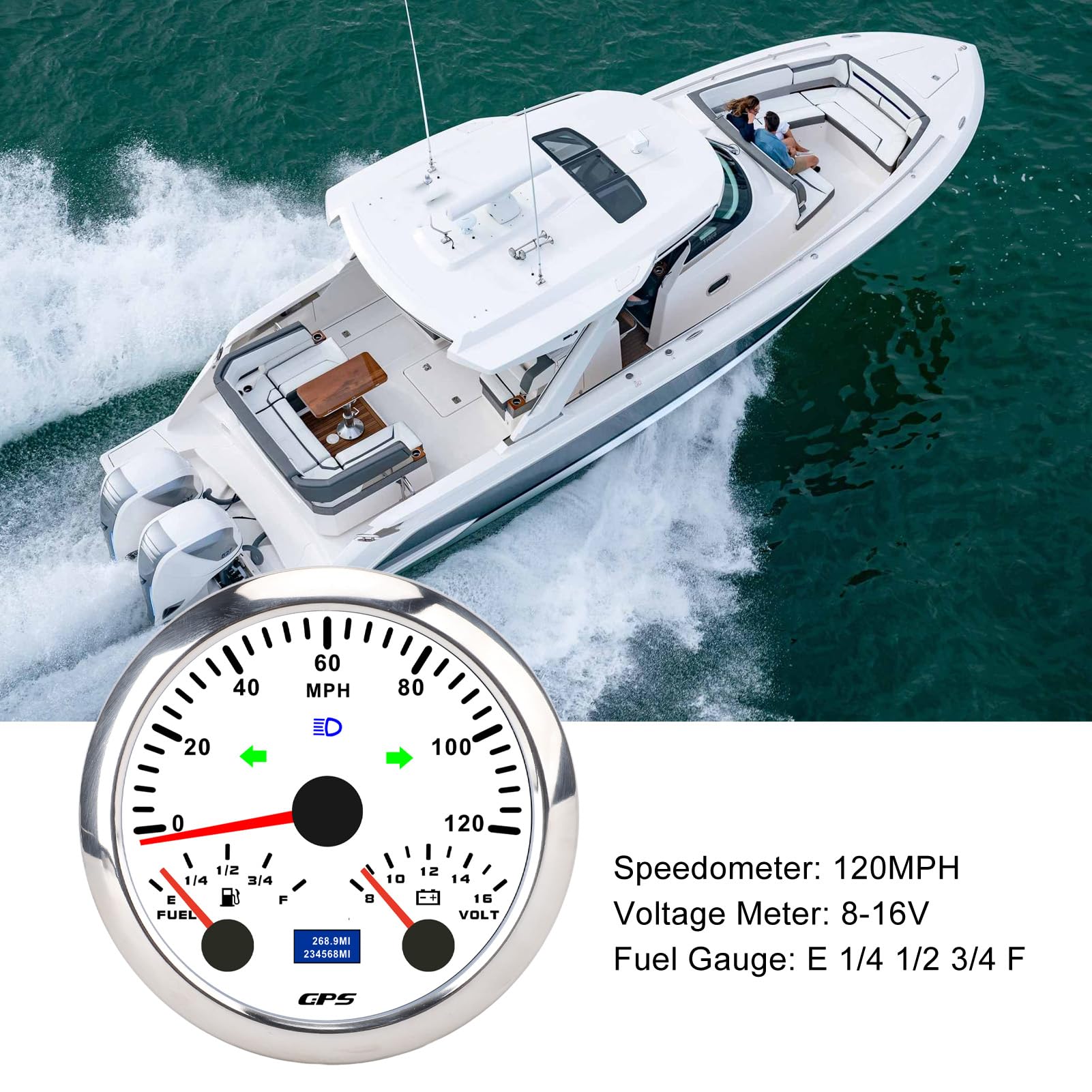 Prędkościomierz GPS Przebieg dla Ciężarówki RV 120MPH 85mm Wskaźnik 3 w 1 7 Kolorów Podświetlenia Dotyczy Wszystkich Samochodów, Motocykli, łodzi (Biała tarcza, srebrna ramka CX8308)
