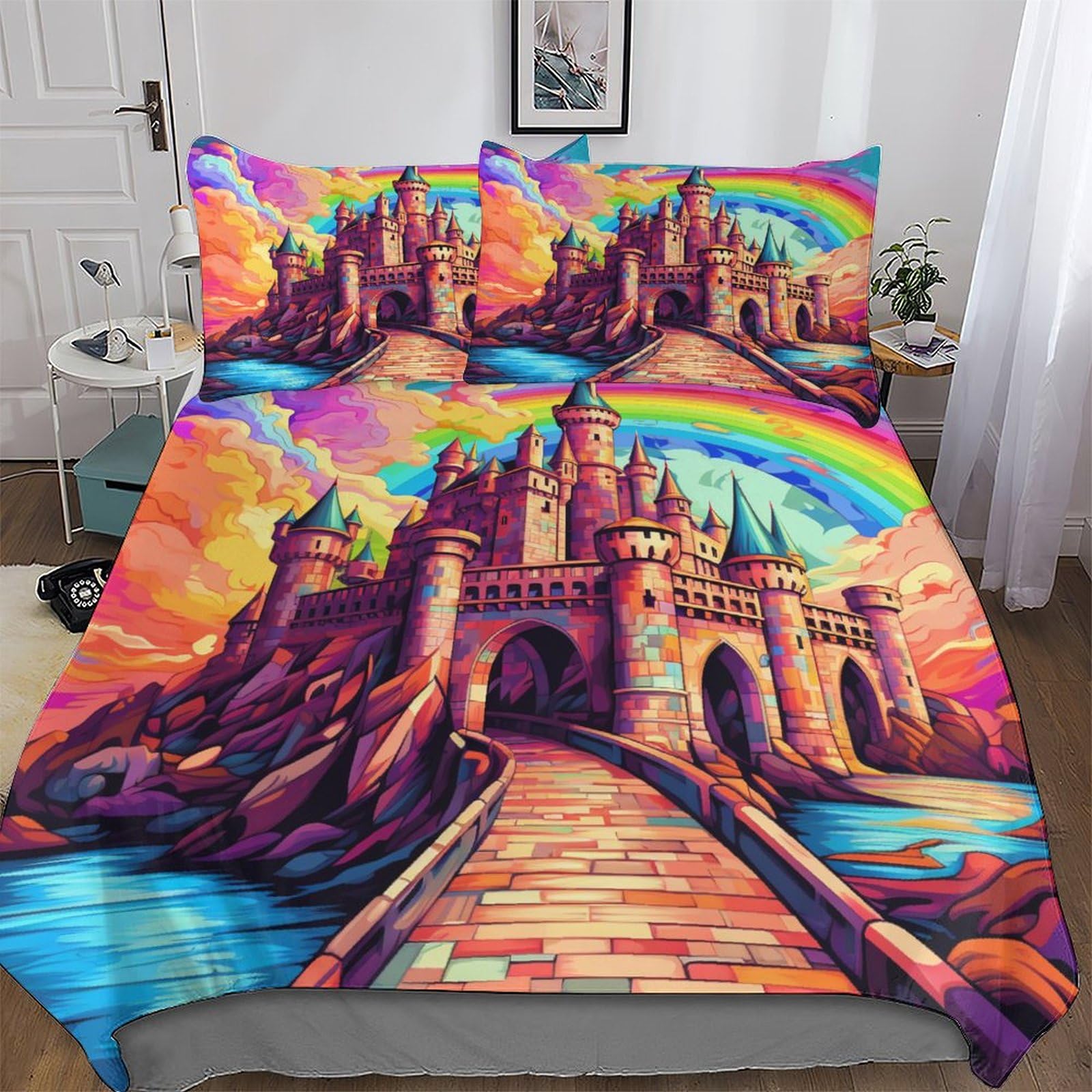 Housse de couette microfibre de literie supérieure 220x240cm motif château féerique trois pièces