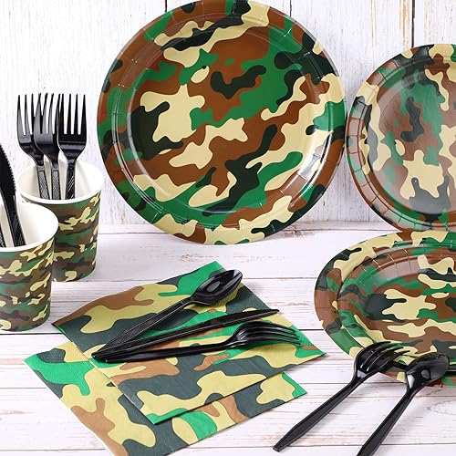 Miniatura 3 de Rtteri 171 piezas de suministros de fiesta de cumpleaños de camuflaje que sirve 24 suministros de fiesta temática de camuflaje con mantel de