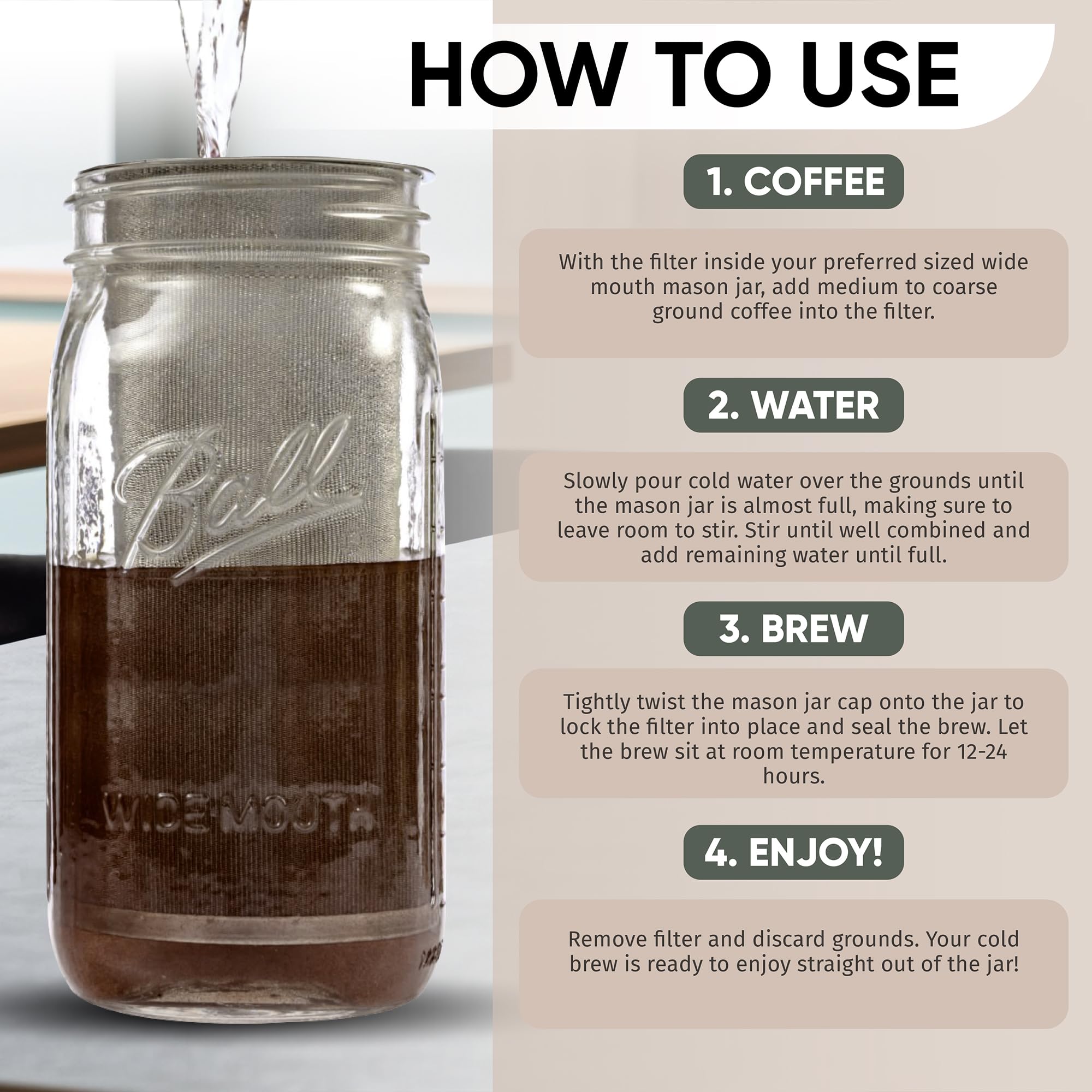 The TUBE: kit de infusor de té y cafetera de frío Filtro de malla de acero inoxidable premium diseñado para adaptarse a todos los tarros de boca ancha. Free Guía de cerveza y libro electrónico de