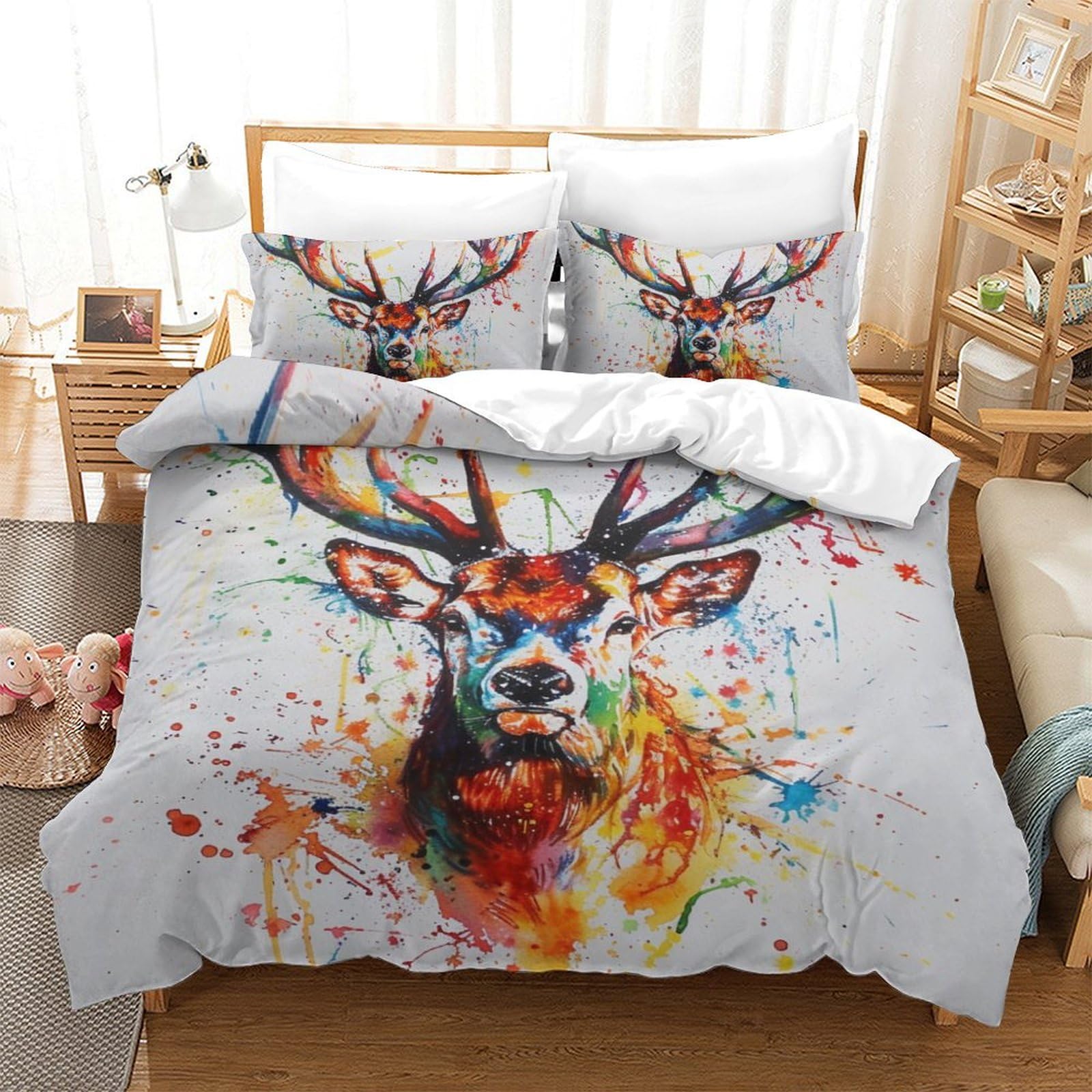 Housse de couette cerf 3D 200x200cm en microfibre avec 2 taies pour lit enfant