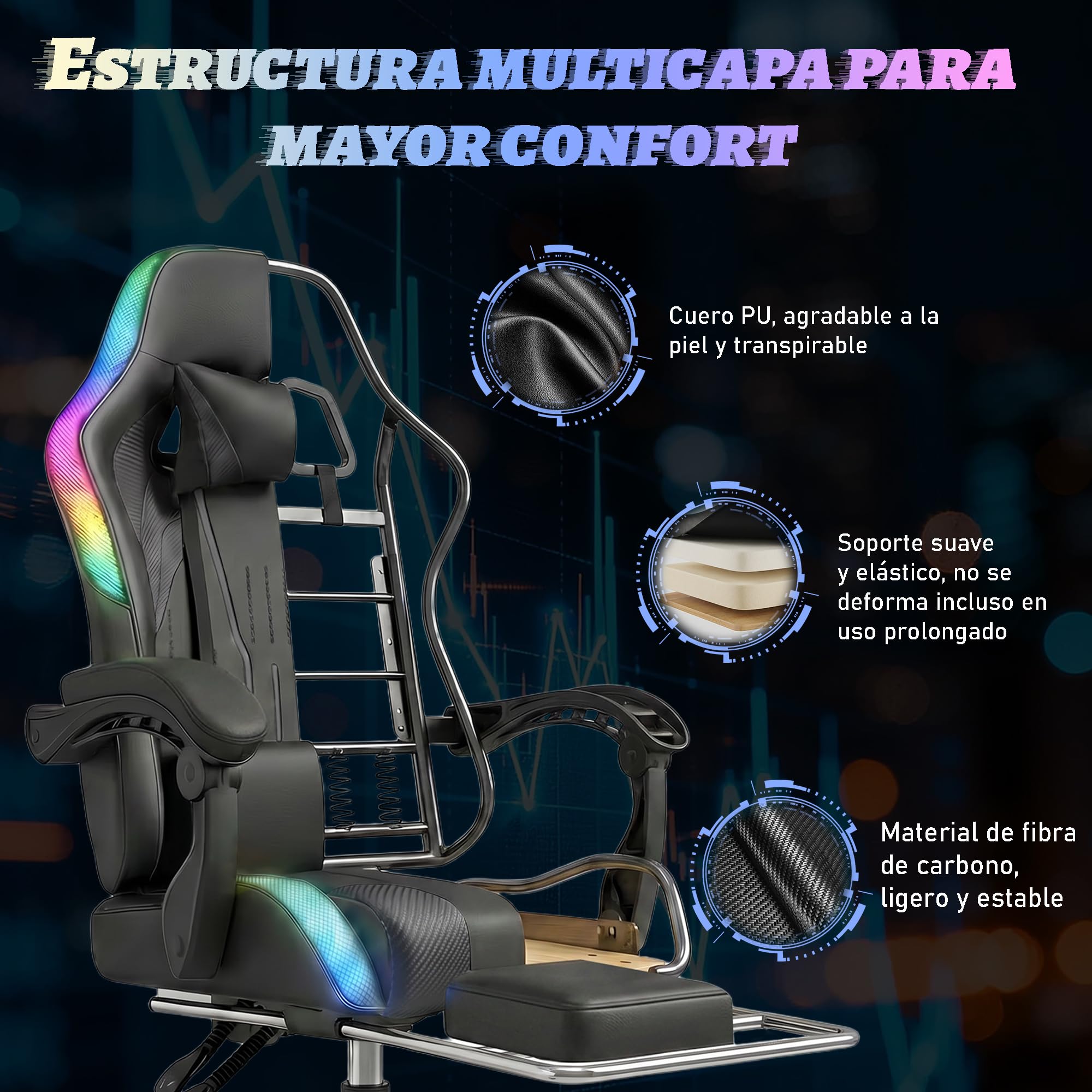 Devoko Silla Gaming con Masajeador y LED, Silla de Oficina Ergonómica con Reposapiés, Sillas Gaming para Oficina y Juegos con Iluminación RGB（Negro）