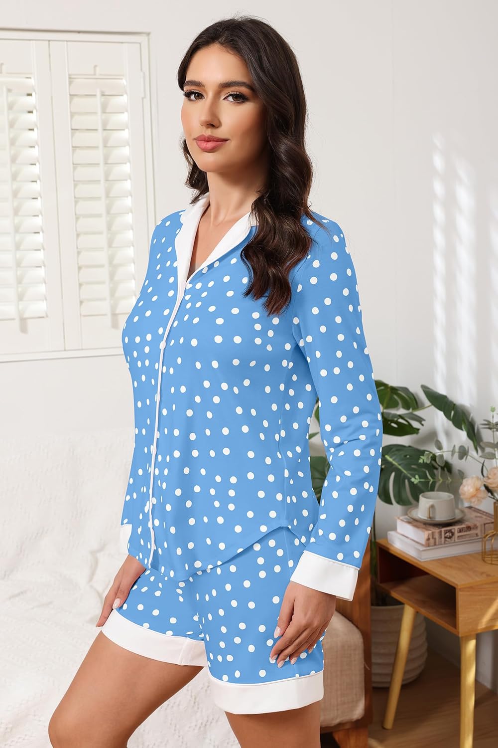 FKEEP Button Down Pajamas Sets Women Two-Piece Satin Silk Pjs Sets Loungewear Long Sleeve Sleepwear Shorts Nightwear Sets - Image 6