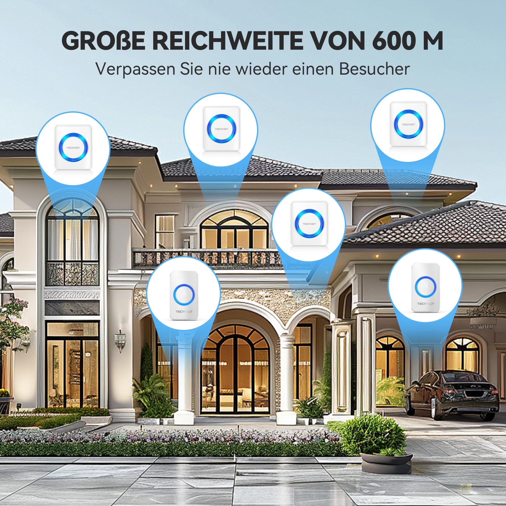 TECKNET Campanello radio IP65 per esterni, impermeabile, senza fili, portata di 600 m, campanello, 2 trasmettitori, 4 ricevitori, 60 melodie e pulsante del campanello con flash a LED