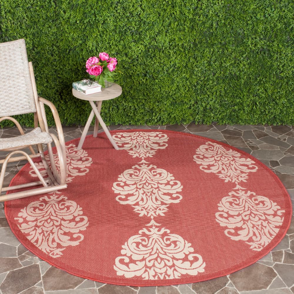 SAFAVIEH Courtyard Collection 6'7" Round Red / Natural CY2720 Indoor/ Outdoor Waterproof Easy Cleaning Patio Backyard Mudroom Area Rug