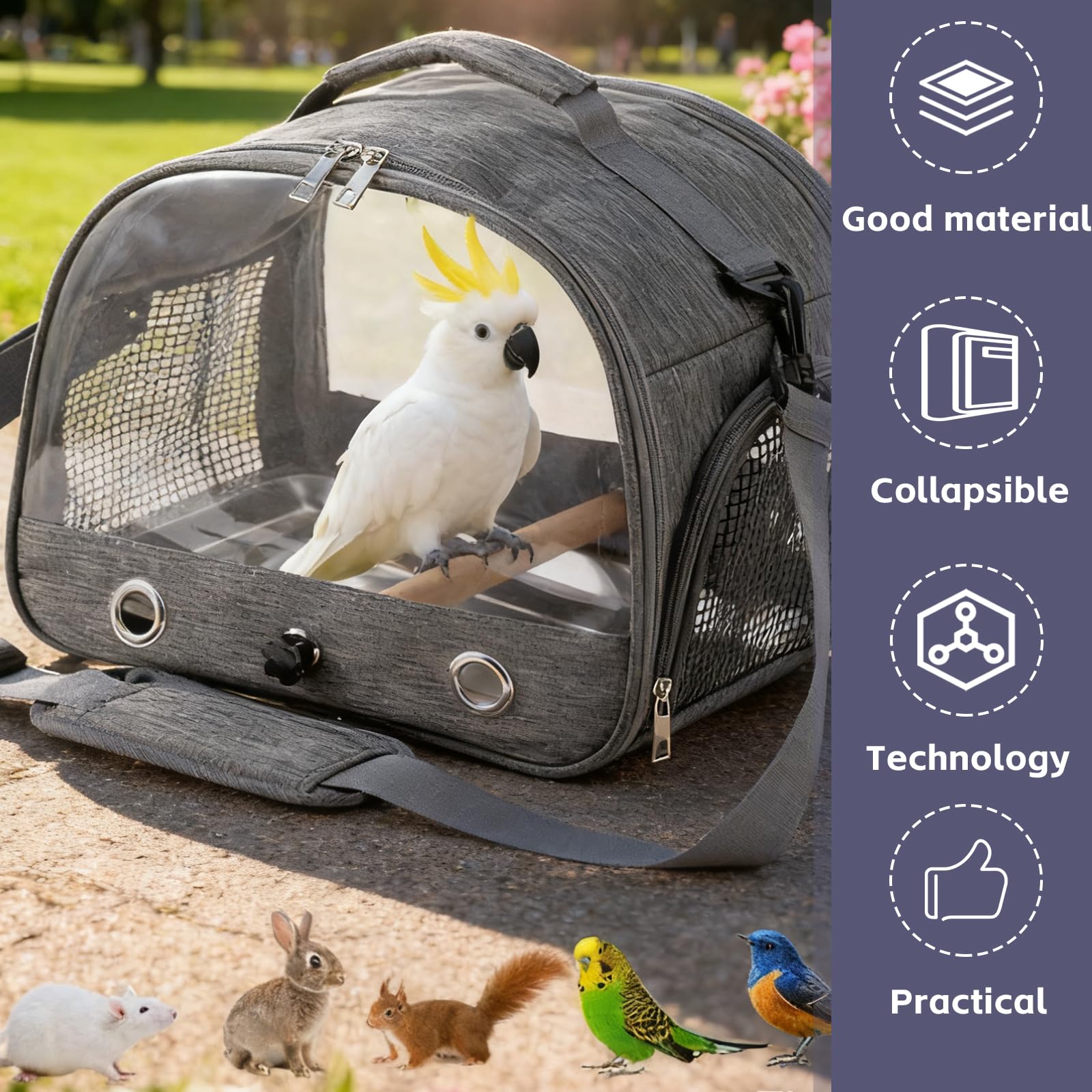 Borsa per uccelli con asta e vassoio in acciaio inox, per il trasporto di uccelli, traspirante, portatile, per pappagallini, piccoli animali, Bird Transport Box (grigio)