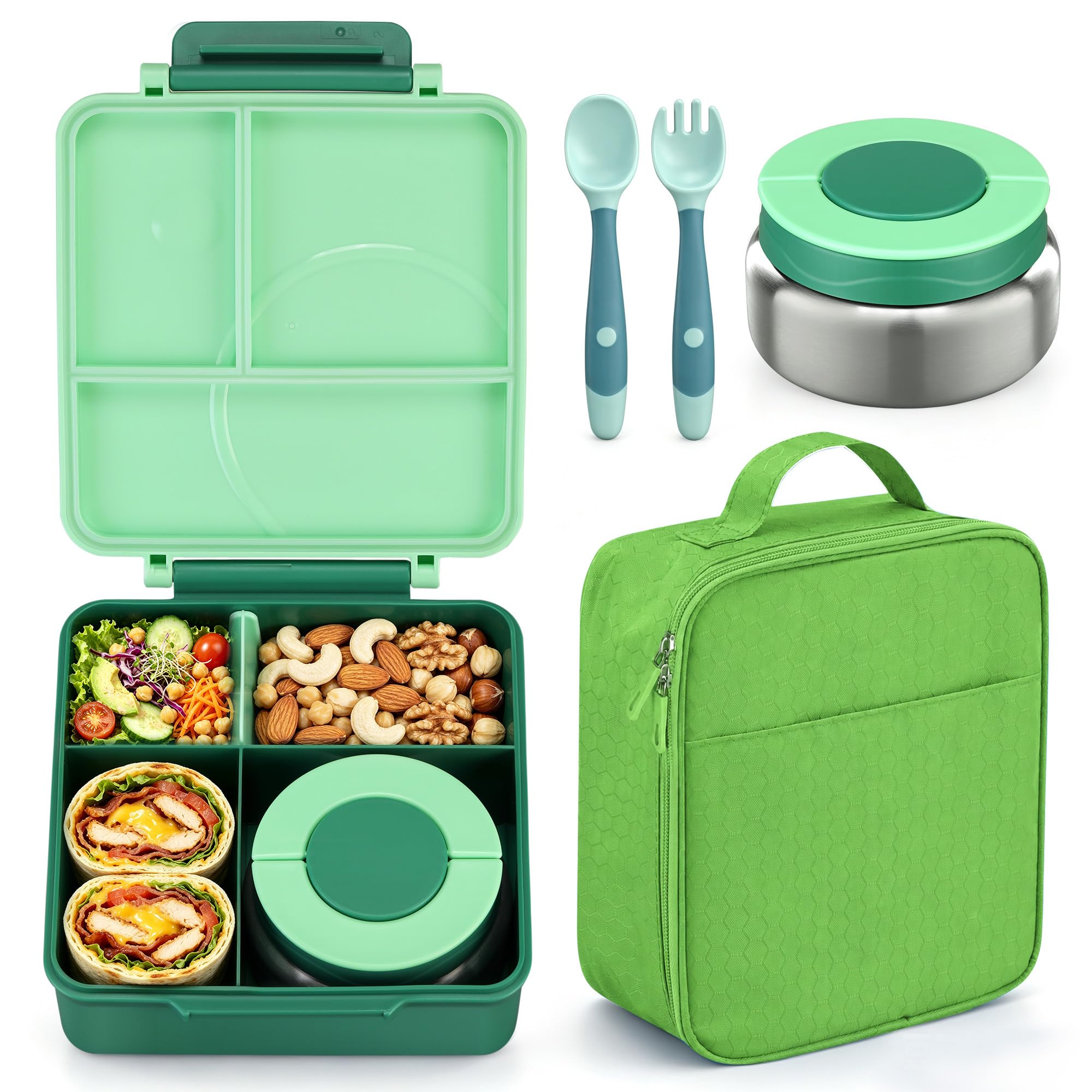 Bento-Lunchbox-Set für Kinder mit 237 ml Suppen-Thermo, auslaufsichere Lunchbehälter mit 4 Fächern, Kinder-Thermobehälter für heiße Speisen und isolierte Lunchtasche für Kinder zur Schule, Grün
