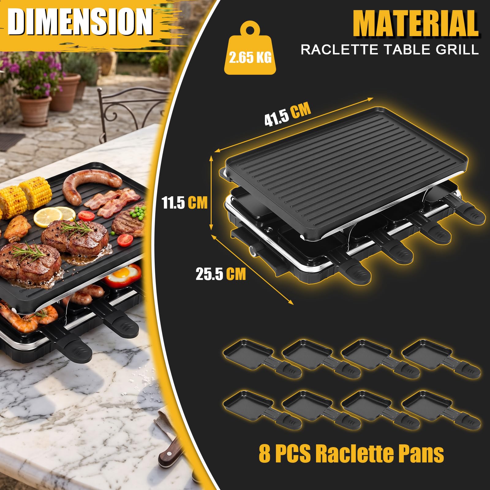 GFTIME Raclette 8 Personen, Raclette Grill Antihaft mit 8 Pfännchen-1300W