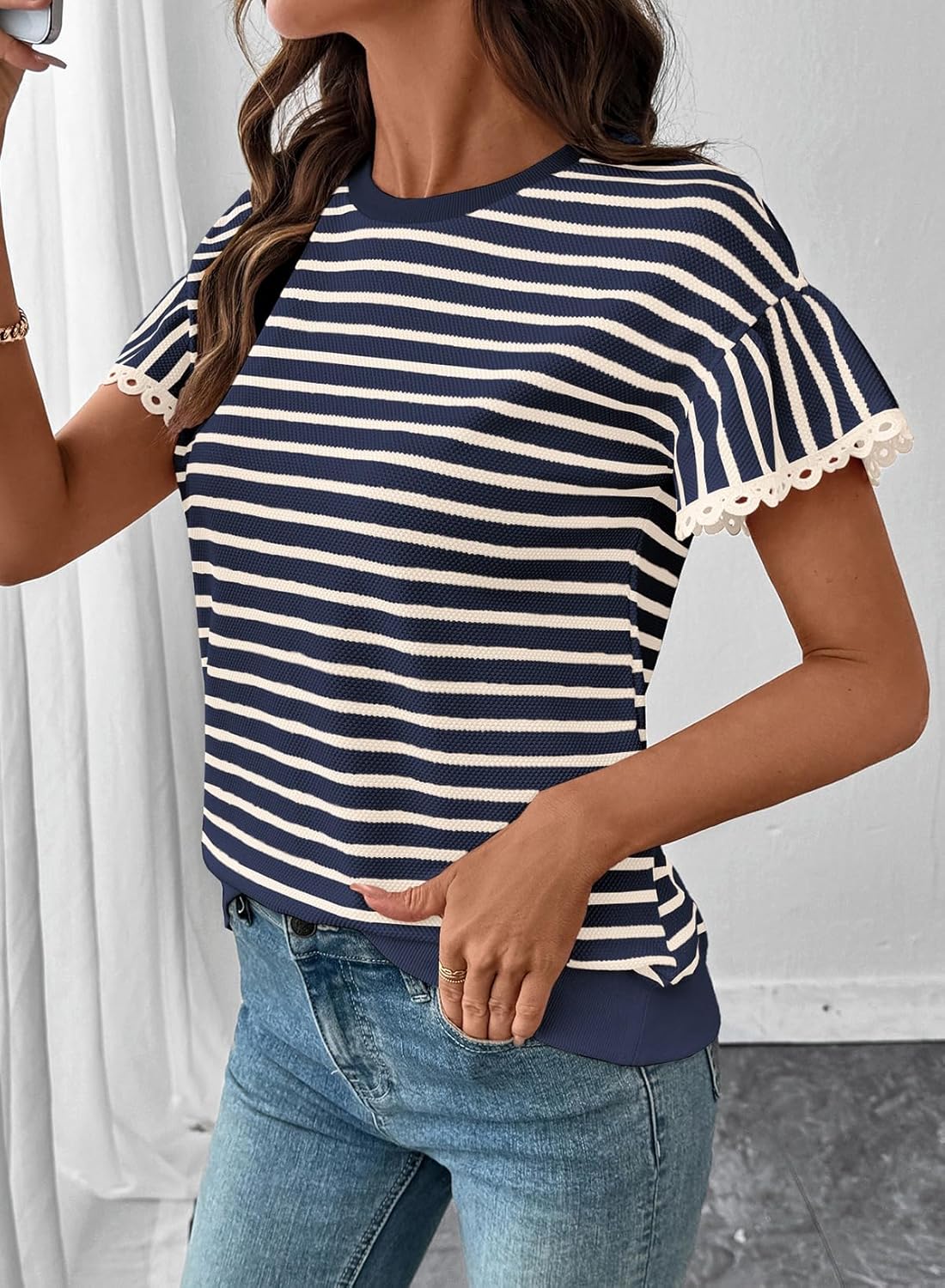 SHEWIN Women Summer Loose Fit Tops Trendy Rib Knit Stripe Shirt Business Dressy Casual 2026 - Image 2