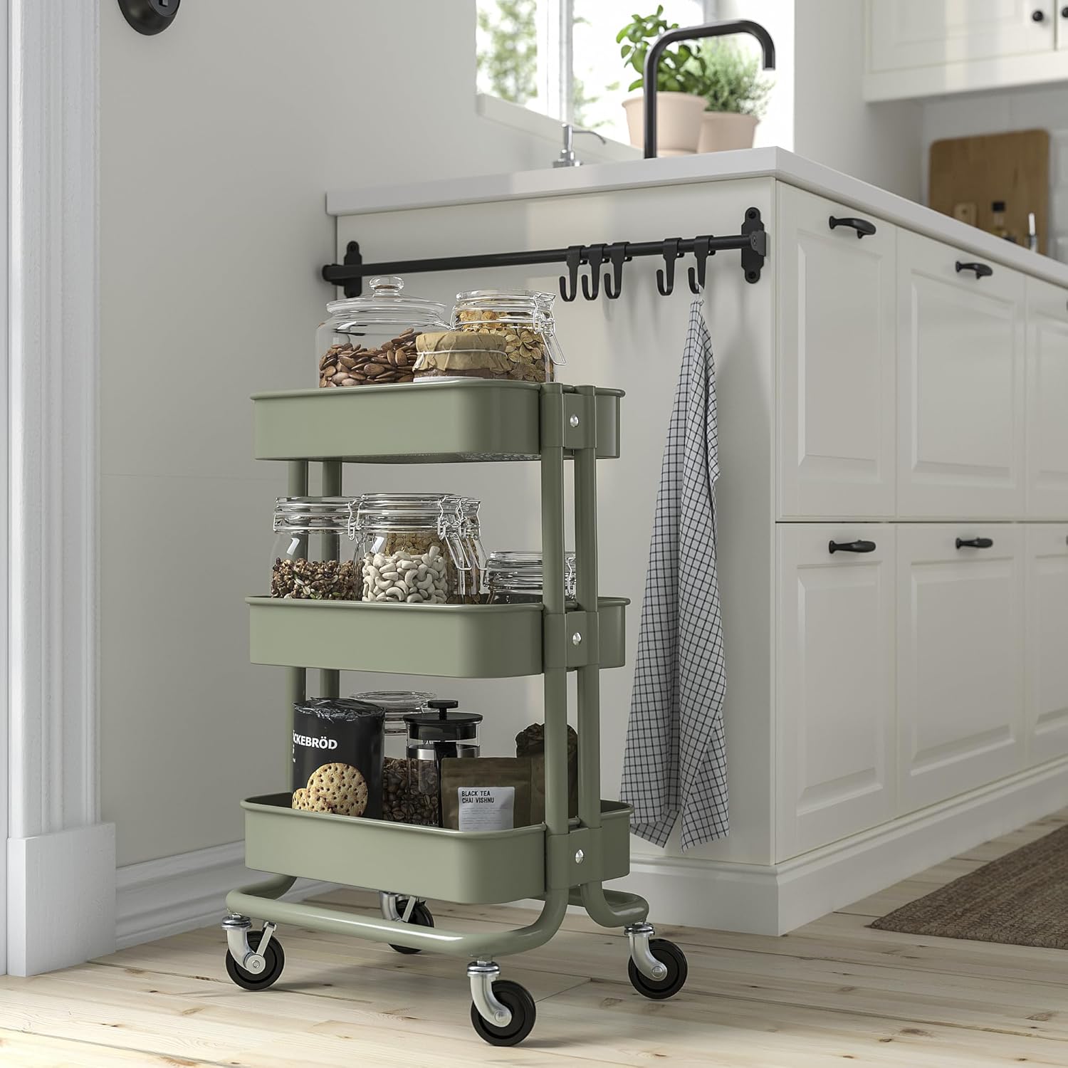 RÅSKOG Trolley, grey-green, 28x38x61 cm