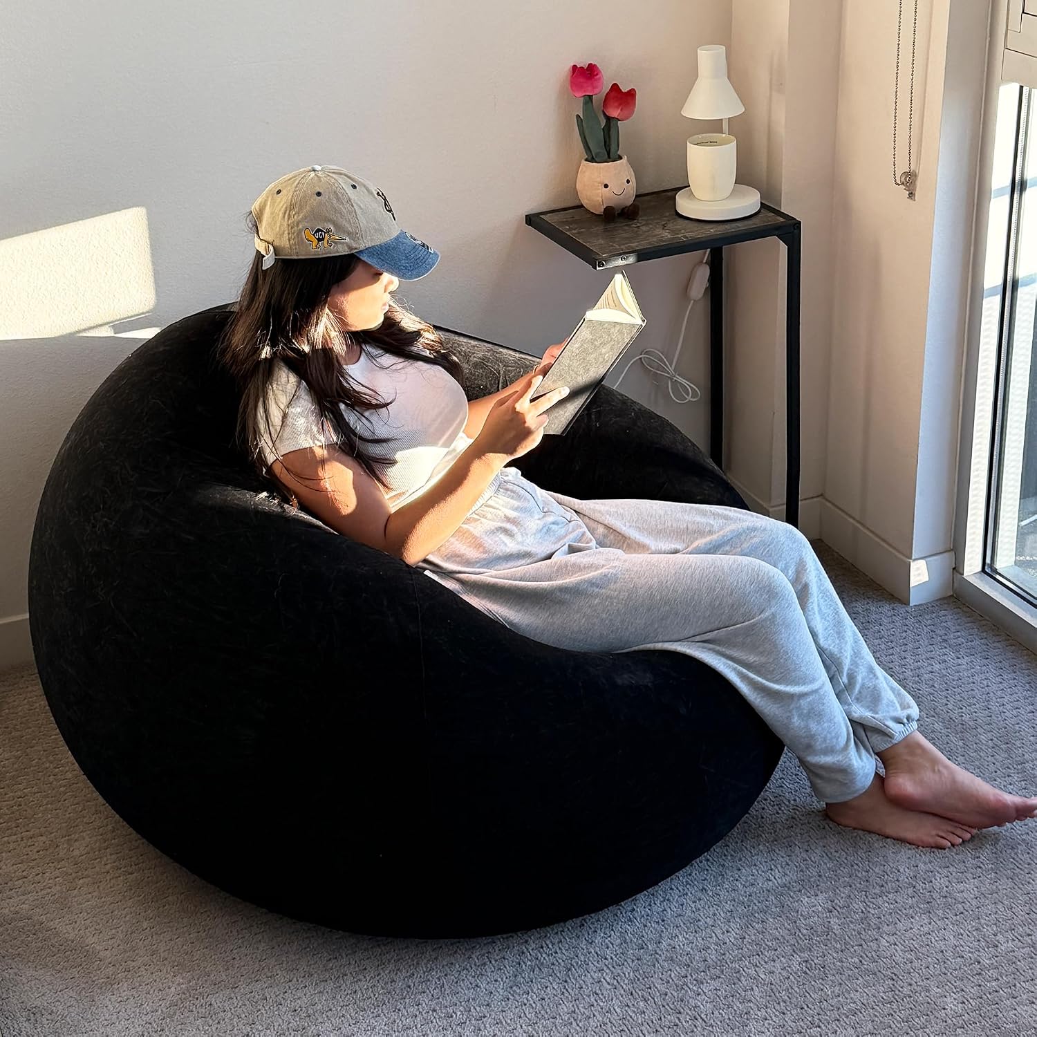 45x45x28 Inflatable Beanless Bean Bag Chair Lounge Sofa - Black