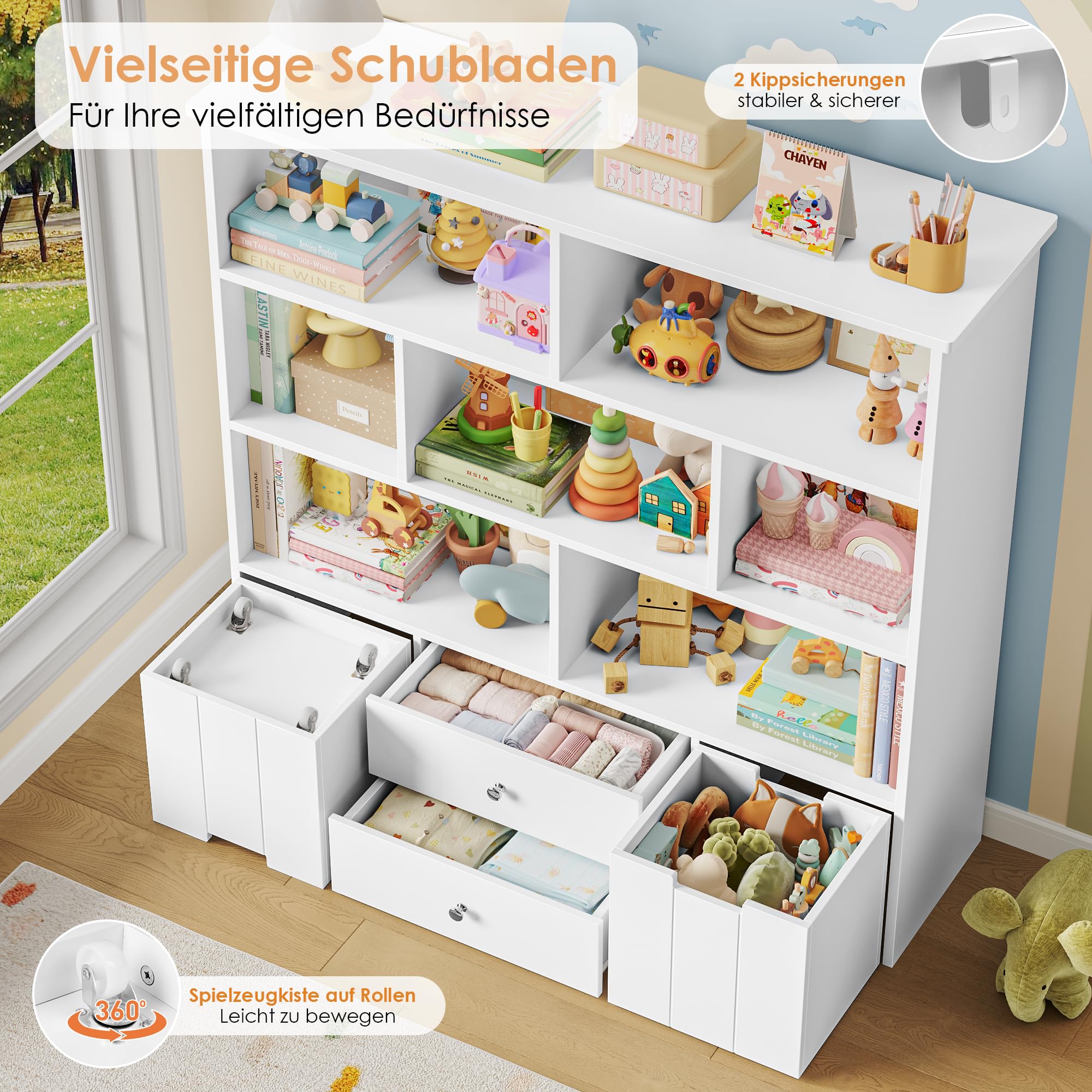 FOREHILL Kinderregal mit 4 Schubladen, Kinderzimmer Möbel, Bücherregal | Kinderregal mit Boxen auf Rollen, Regal Kinderzimmer, Spielzeug Aufbewahrung für Kindergarten, Leseecke 125x33x120cm