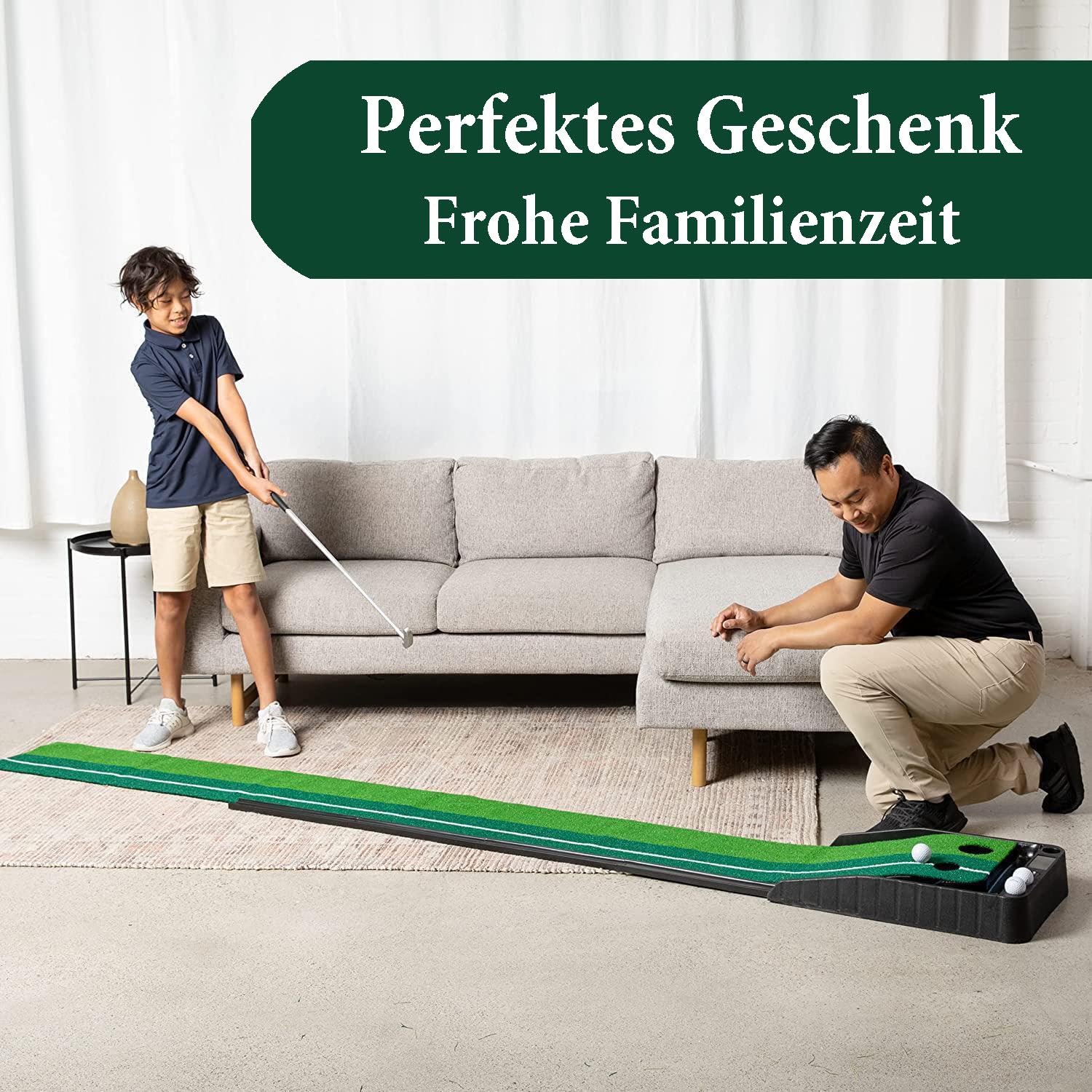 yabymy Golfmatte Puttingmatte, Golf Auto Rückkehr Puttingmatte, Golf Putter und 3 Golf Bälle Golf Übungsmatte, 300cm Indoor Outdoor Putting Trainer Matte Golfübungsgeräte für zu Hause Büro Gym