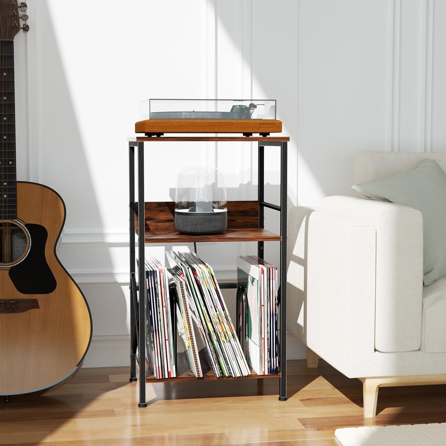 Record Player Stand with Charging Station, 3-Tier Side Table for 100 Vinyl Storage, End Table for Living Room, Bedroom, Rustic Brown HKET1001BR