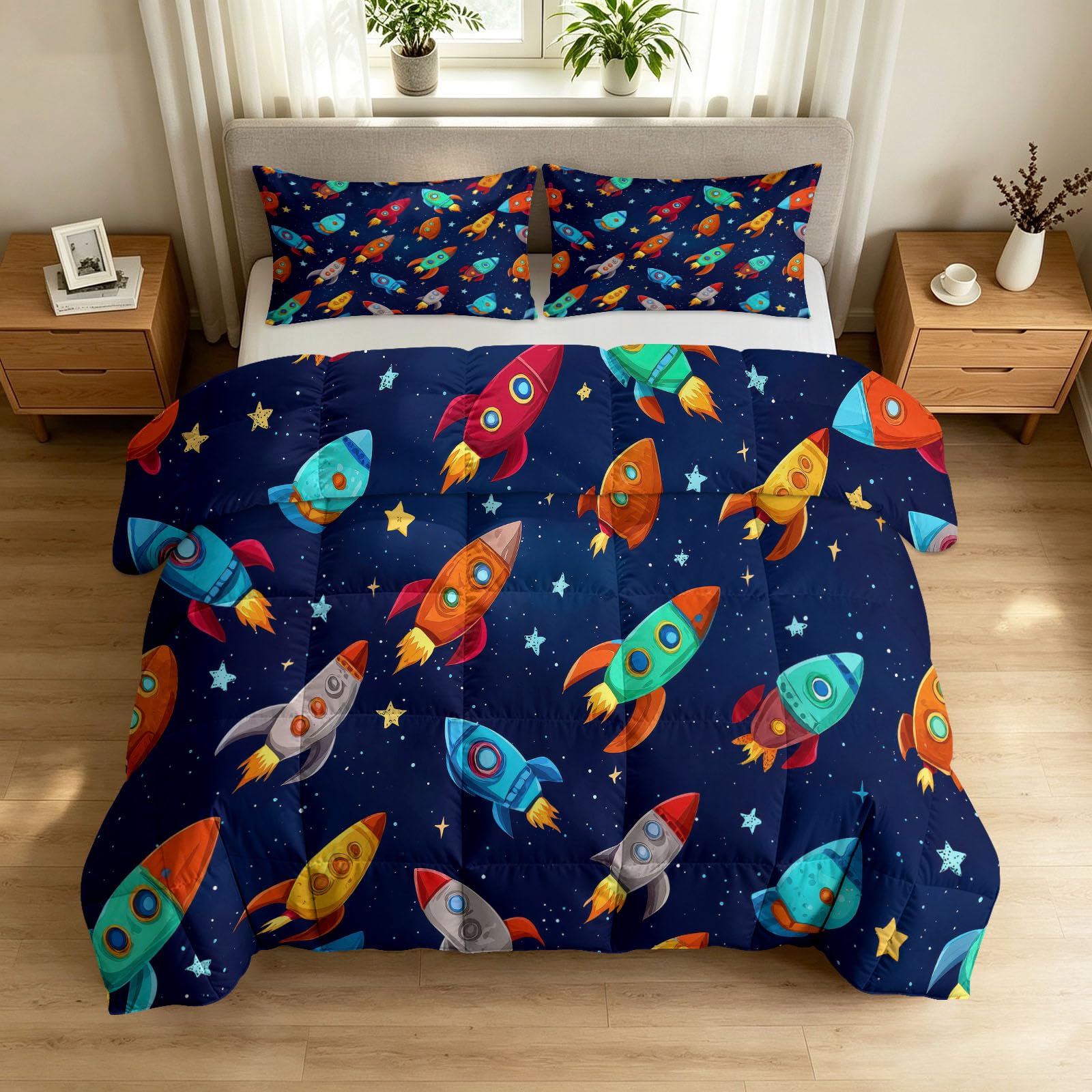 Generisch Trapunta divertente con cartoni animati, senza rivestimento, 135 x 200 cm, motivo astronave spaziale e stelle, 4 stagioni, reversibile, morbida e soffice, per tutte le stagioni, lavabile