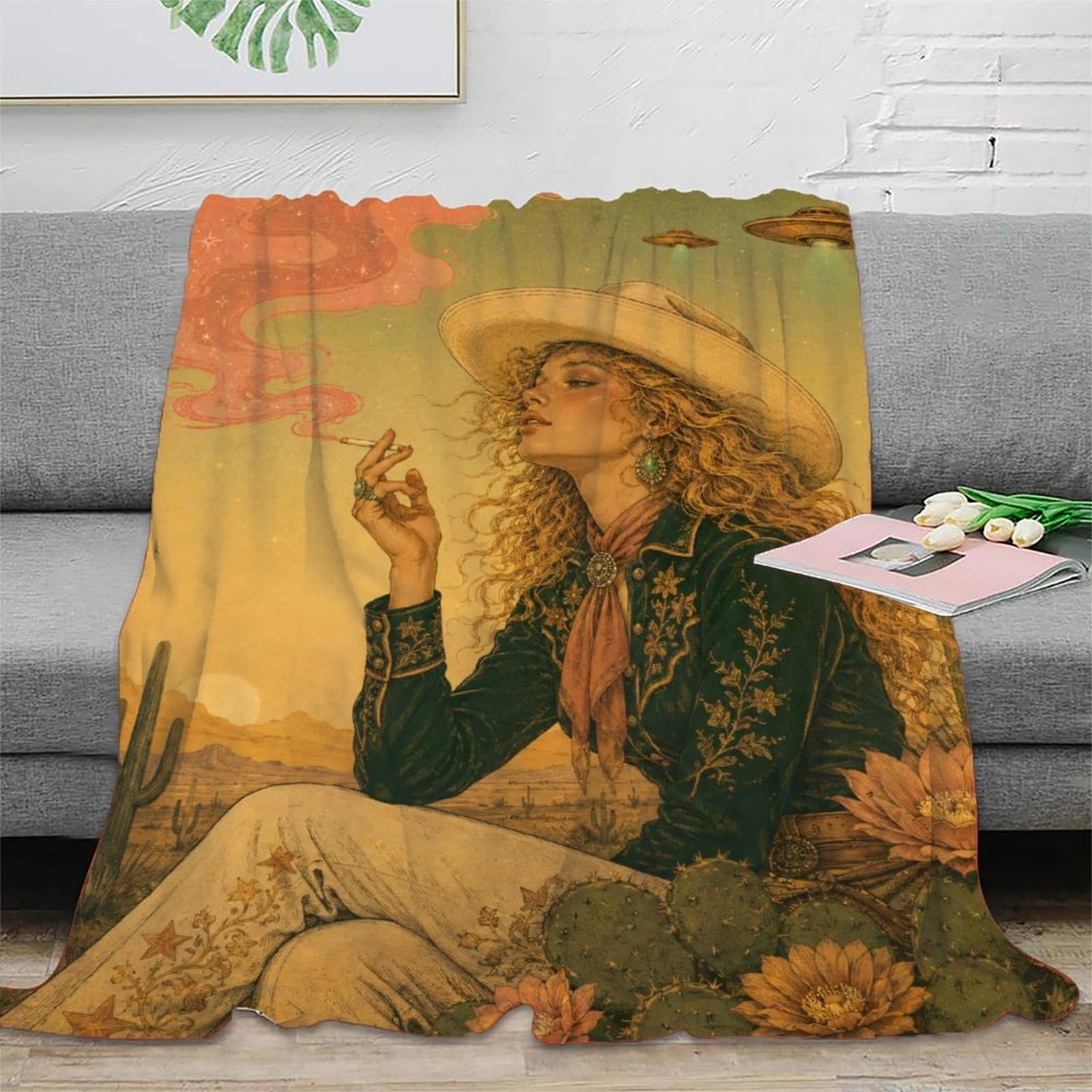 H3B8U2Y5 UFO Cowgirl Desert Sunset Throw Blanket, Flannel, Retro Cosmic Art