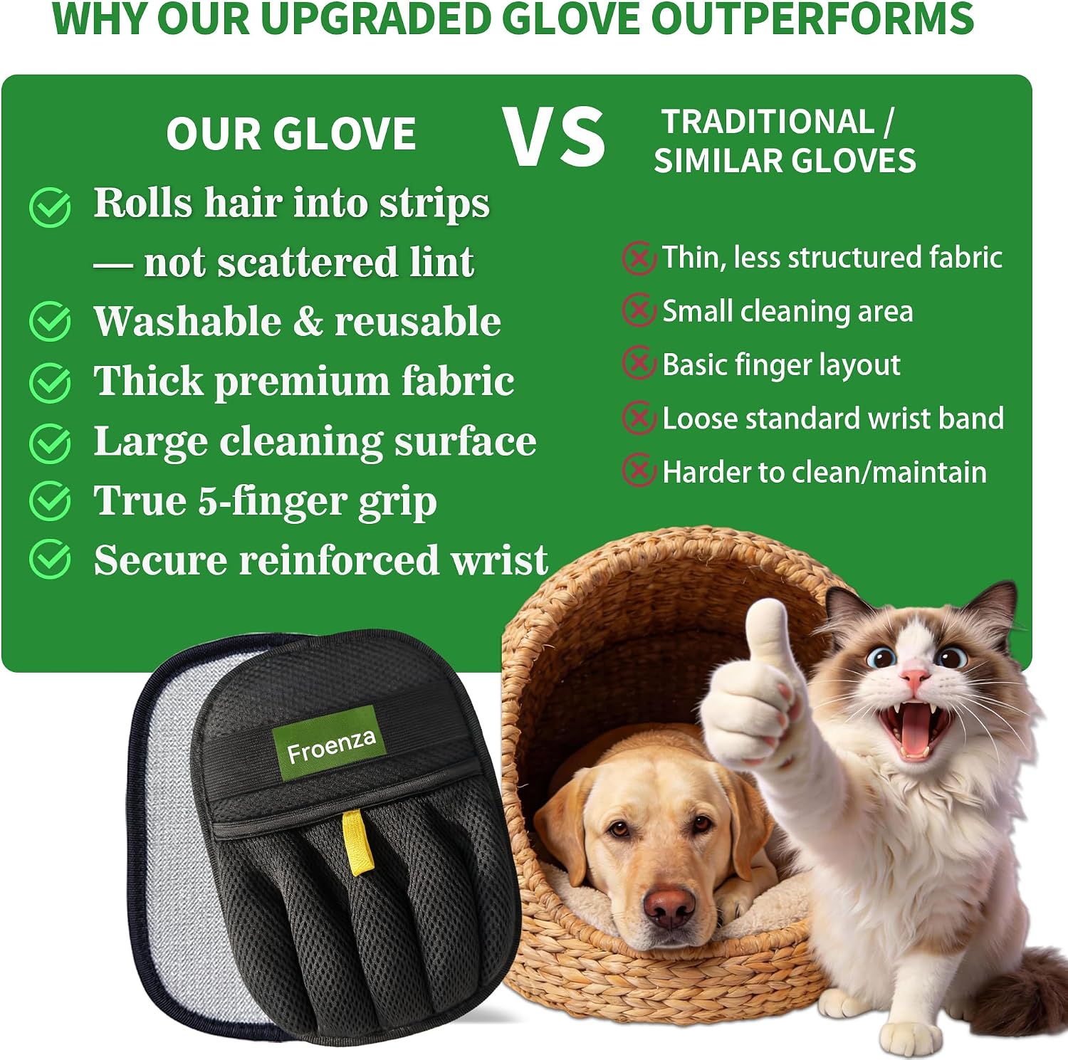 Pet Hair Removal Glove for Dogs & Cats- Upgraded 10mm Thickened Electrostatic Magic Brush- Pet Hair Remover Glove for Couch, Furniture, Clothes, Car & Carpet, Reusable Pet Hair Removal Tool