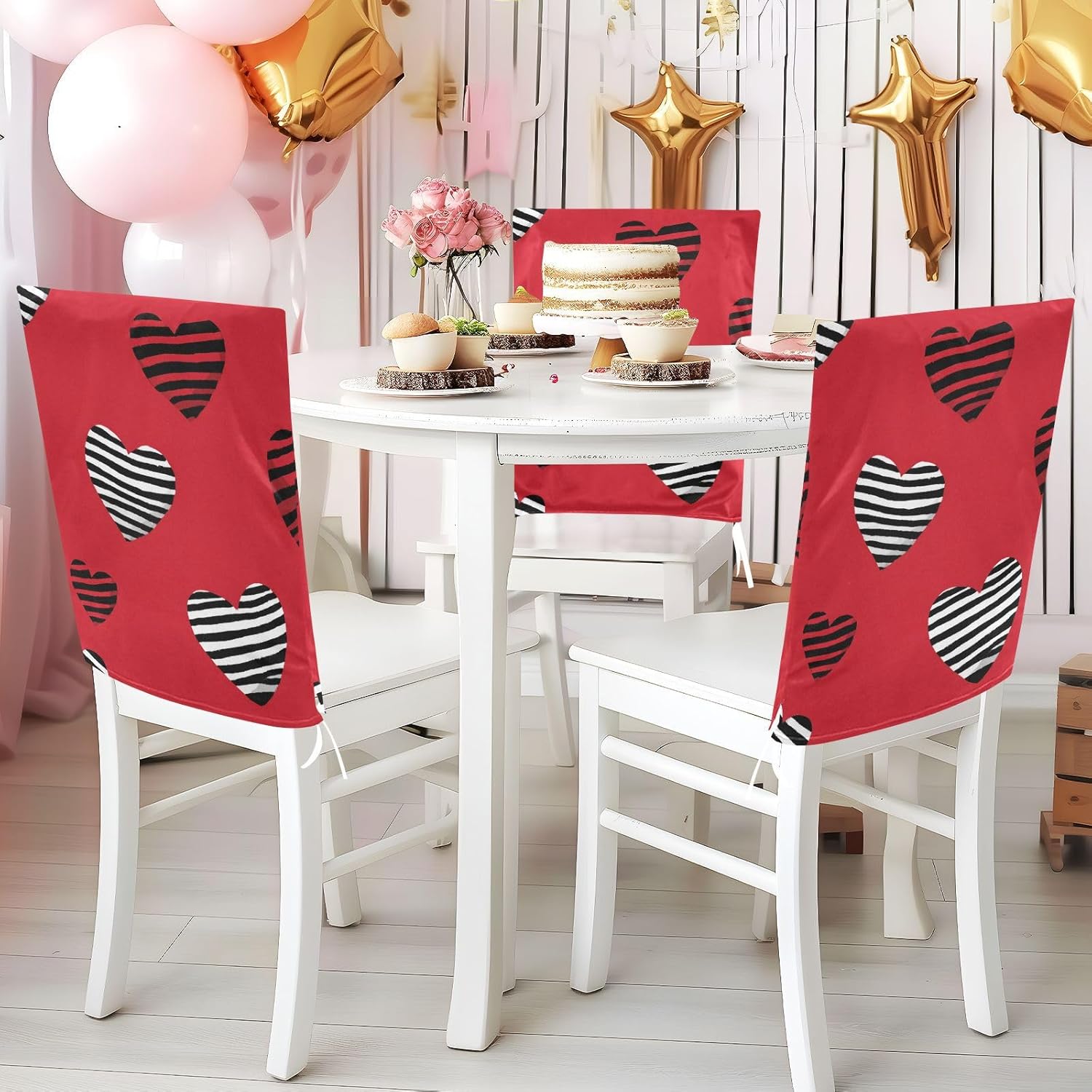 ALAZA Stripes Hearts Chair Back Cover Set of 6, Washable Reusable Removable Chair Slipcovers Decorative Chair Cover for Home Kitchen Wedding Party