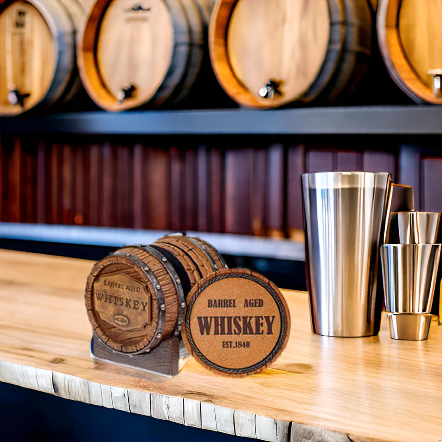 Pine Ridge 5pcs 1840 Aged Whiskey Barrel Drink Coaster Set with Holder - Rustic Bar Coasters for Whiskey Table & Bourbon Room - Unique Bar Accessories for Man Cave - Beer & Whiskey Glass Coaster - Image 8