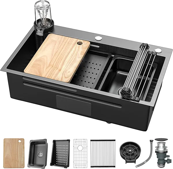 SYNTHACY Drop In Kitchen Sink Set 32 x 18 x 10in, Stainless Steel Nano Gunmetal Black Single Bowl Handmade Countertop Sink with Glass Rinser and Cutting Board, Scratch Resistant, for Home Kitchen, Bar