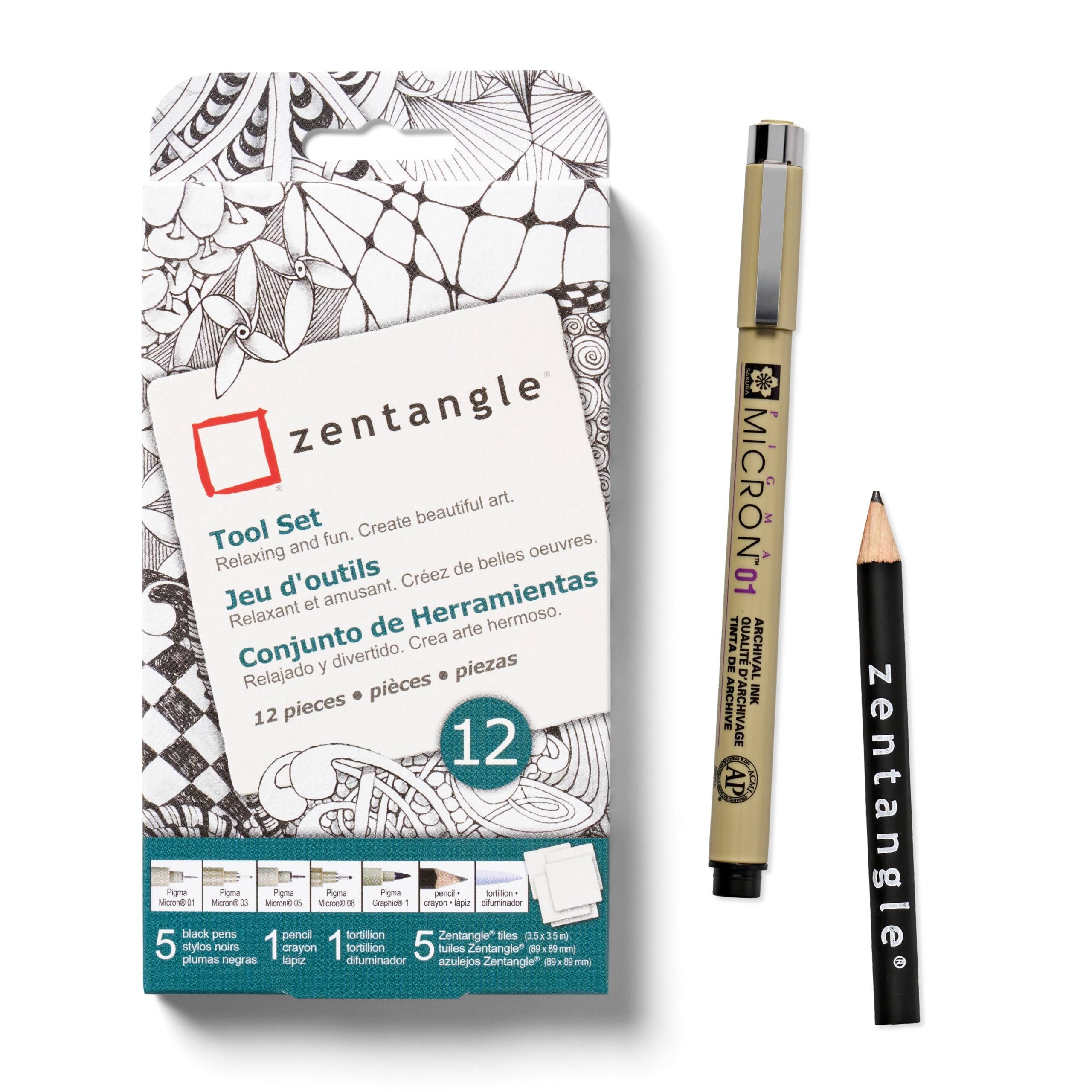 SAKURAZentangle Tool Set - 5 Black Micron Pens, 1 Black Graphite Pencil, 1 Tortillion, 5 3.5" White Paper Tiles - White Zentangle Tiles - 12 Piece Set