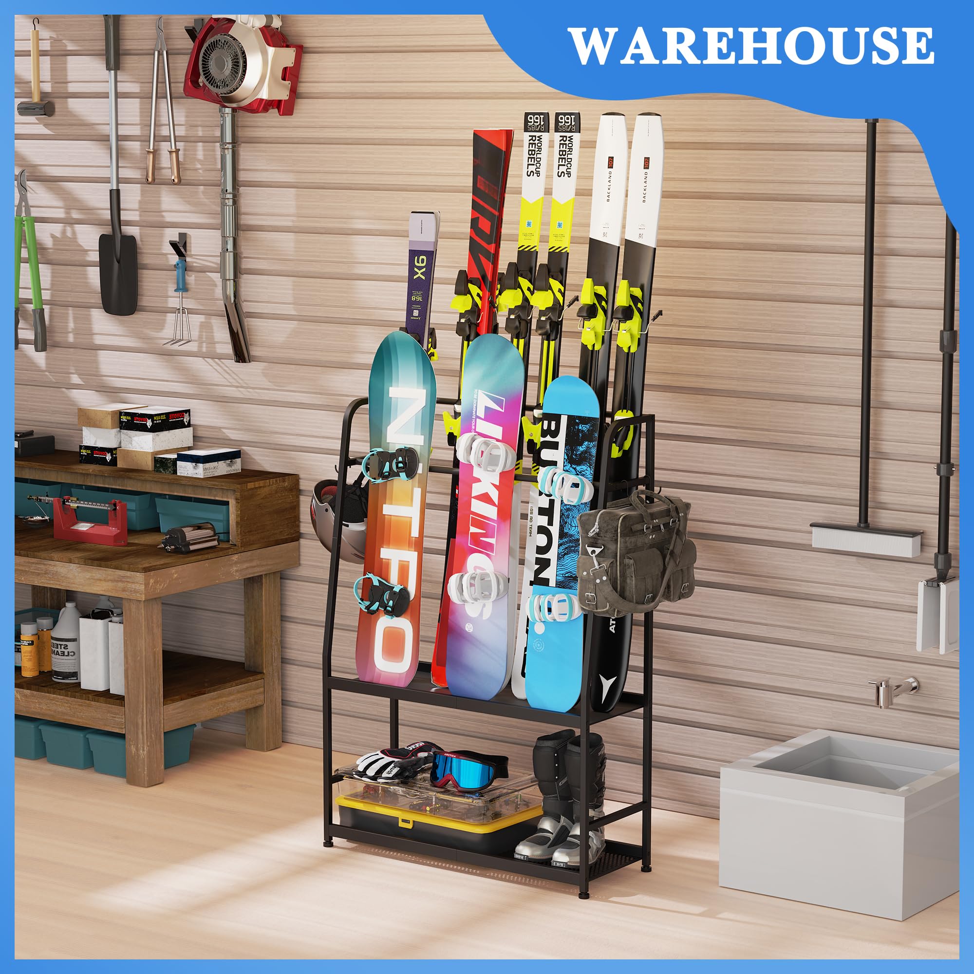 Skiständer, Skiständer für die Garage, Ski-Aufbewahrungsregal für Skier, Snowboards, Skischuhe, Skistöcke, Skibrillen und Helme, Ski-Organizer für die Garage Oder den Keller