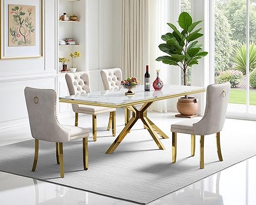 Miniatura 48 de Juego de mesa de comedor de 7 piezas, color blanco y plateado, mesa de cocina moderna de mármol sintético de 68 pulgadas con 6 sillas tapizadas Mesa