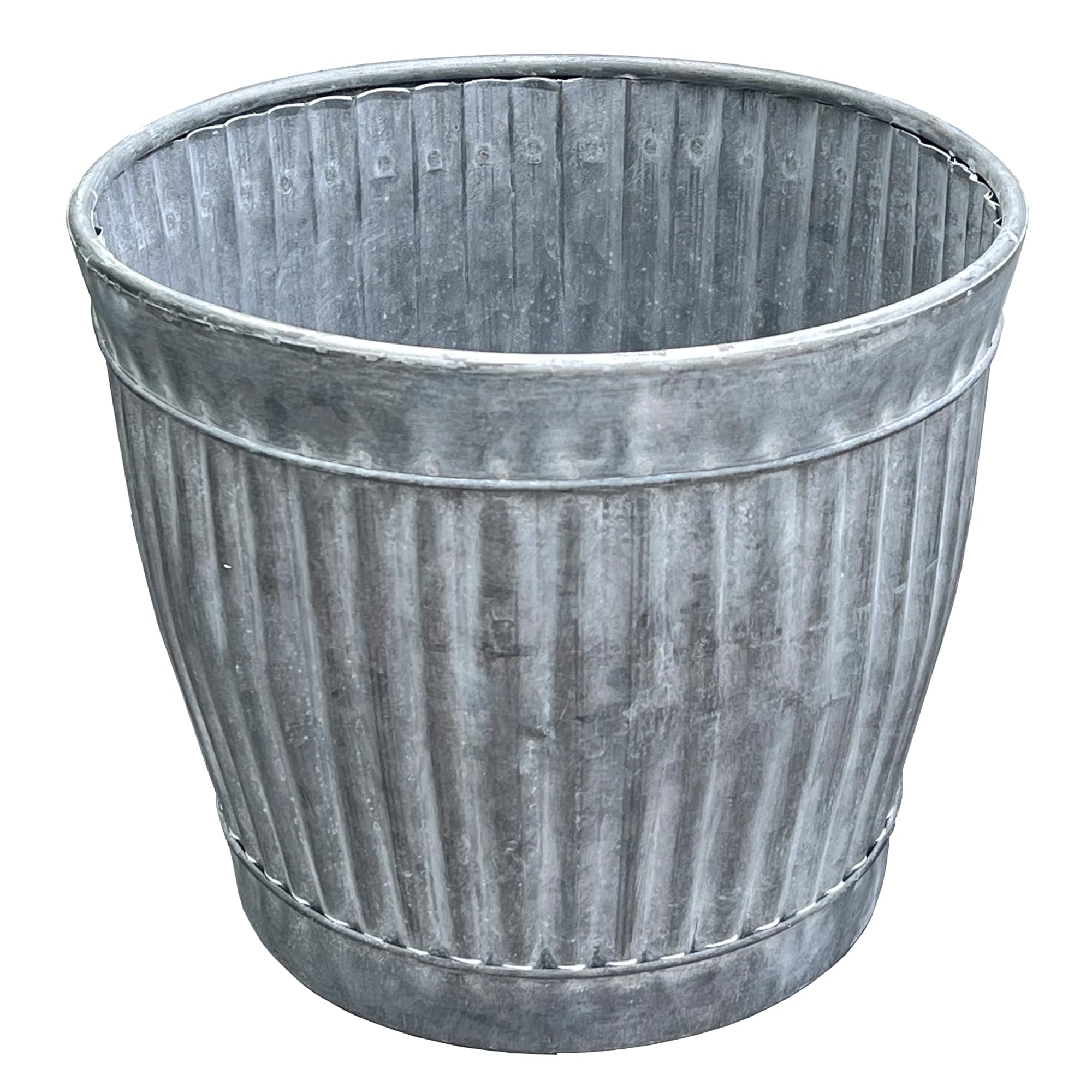 Alfie Francis 31cm DIA x 26cm H Large Galvanised Metal Garden Planter Outdoor Plant Pot Vintage Ribbed Barrel Tub Decoration