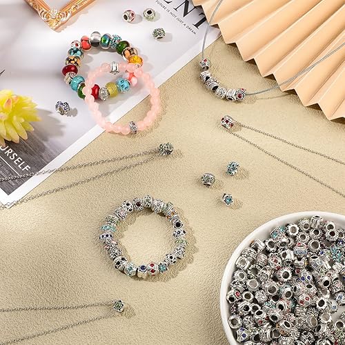 Miniatura 6 de 200 Pieces European Bead for Jewelry Making with Silver Metal Rhinestone Alloy Rhinestone Metal Assorted Crystal Boho Charm Retro Antique Spacer