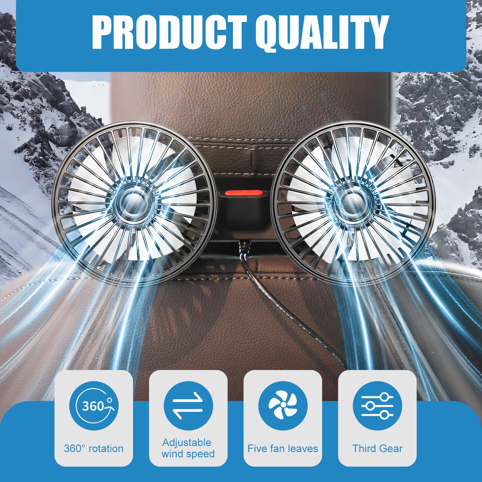 Ventilateur de siège arrière de voiture rotatif à 360 °, ventilateur de voiture USB, 3 vitesses réglables, puissant et silencieux, mini ventilateur pour la maison, le bureau, 12 V, camion, caravane