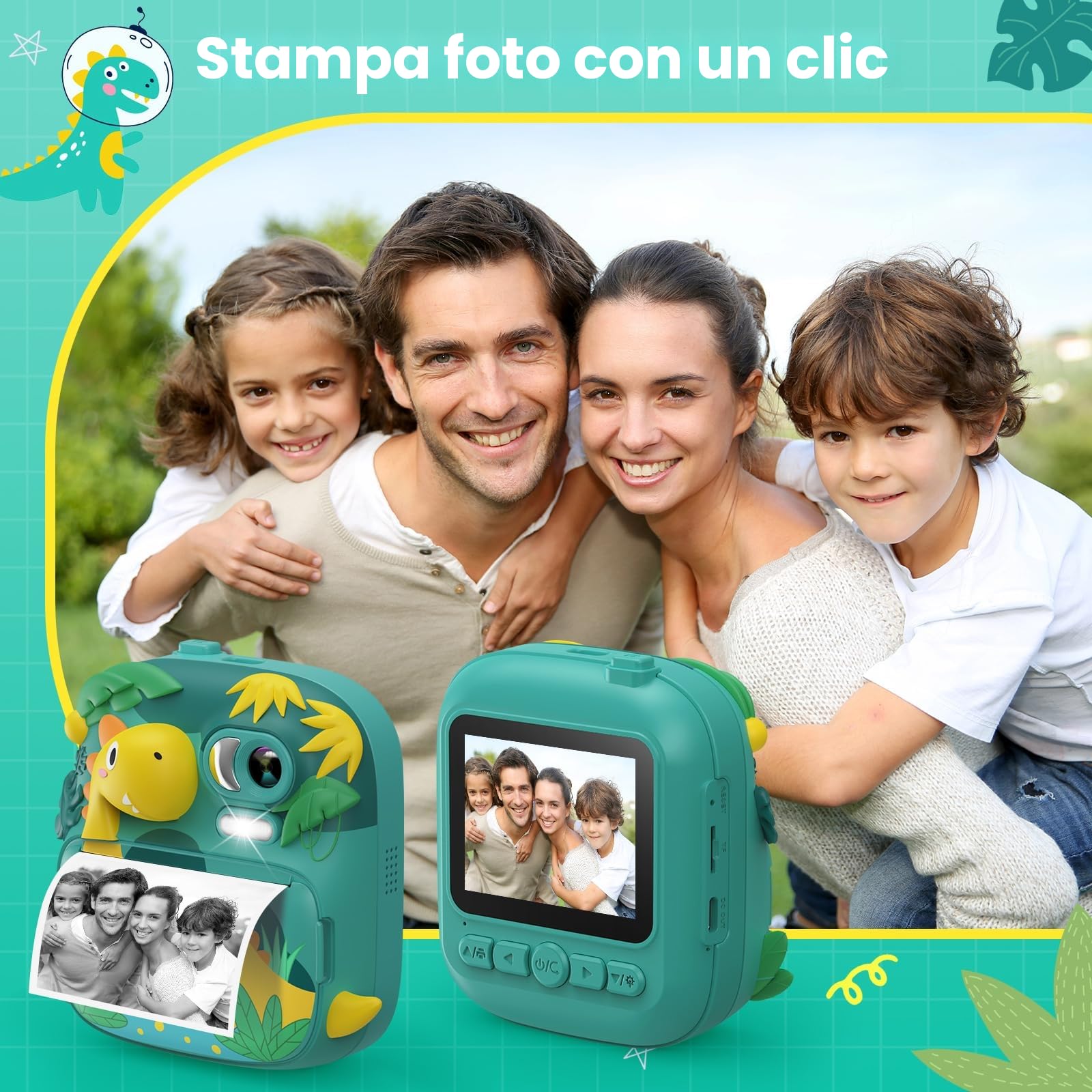 Macchina Fotografica Bambini Istantanea, CAMCLID 2,4 Pollici Fotocamera Bambini con 32GB Scheda, 12MP/1080P Fotocamera Digitale Dinosauro, Regali per Ragazzi Ragazze da 3-12 Anni (Verde)