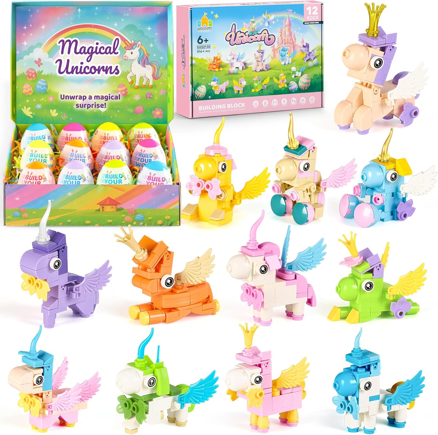 Easter Party Favors & Egg Hunt Prizes for Kids – 12 Unicorn Building Sets with Prefilled Eggs, Non-Candy Easter Basket Stuffers & Goodie Bag Fillers | STEM Toys Easter Gifts for Boys & Girls Ages 6+